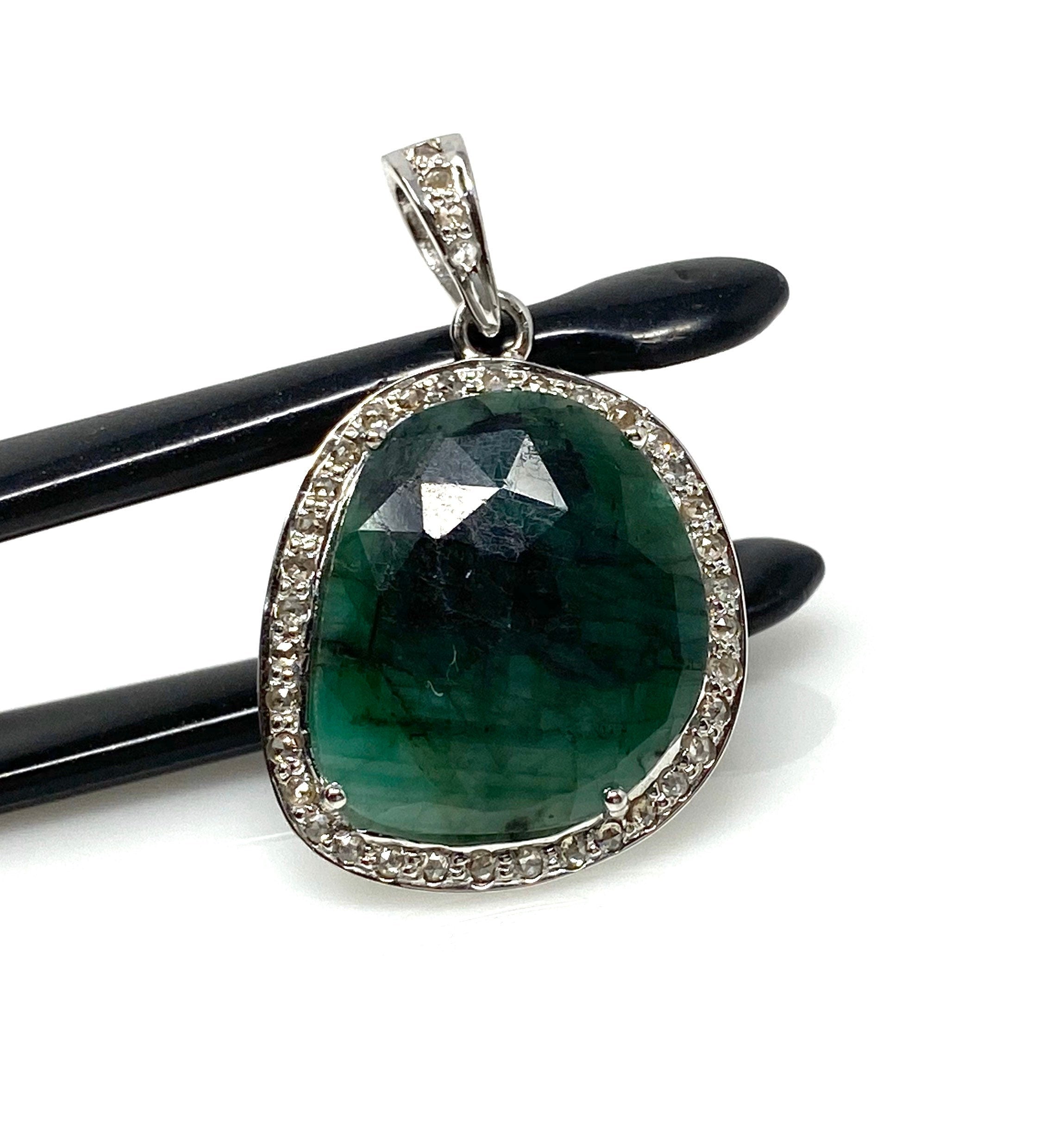 Emerald Diamond Pendant, Natural Emerald Sterling Silver Pendant, May