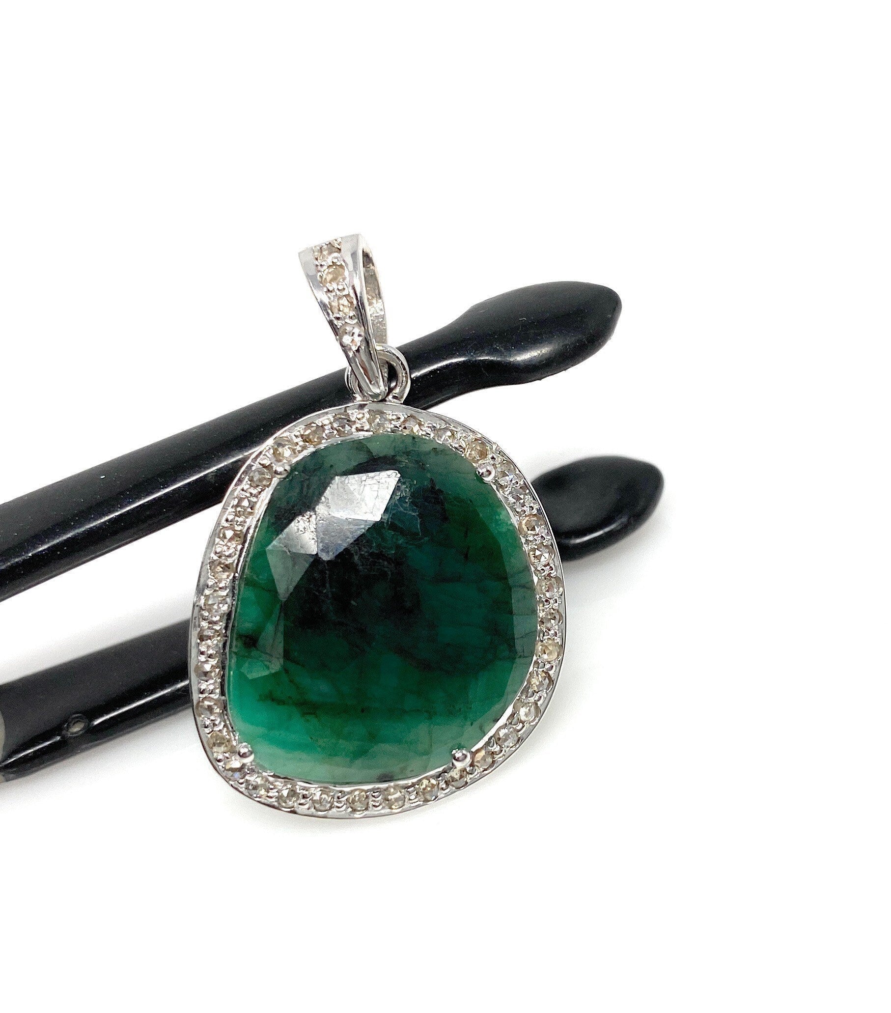 Emerald Diamond Pendant, Natural Emerald Sterling Silver Pendant, May