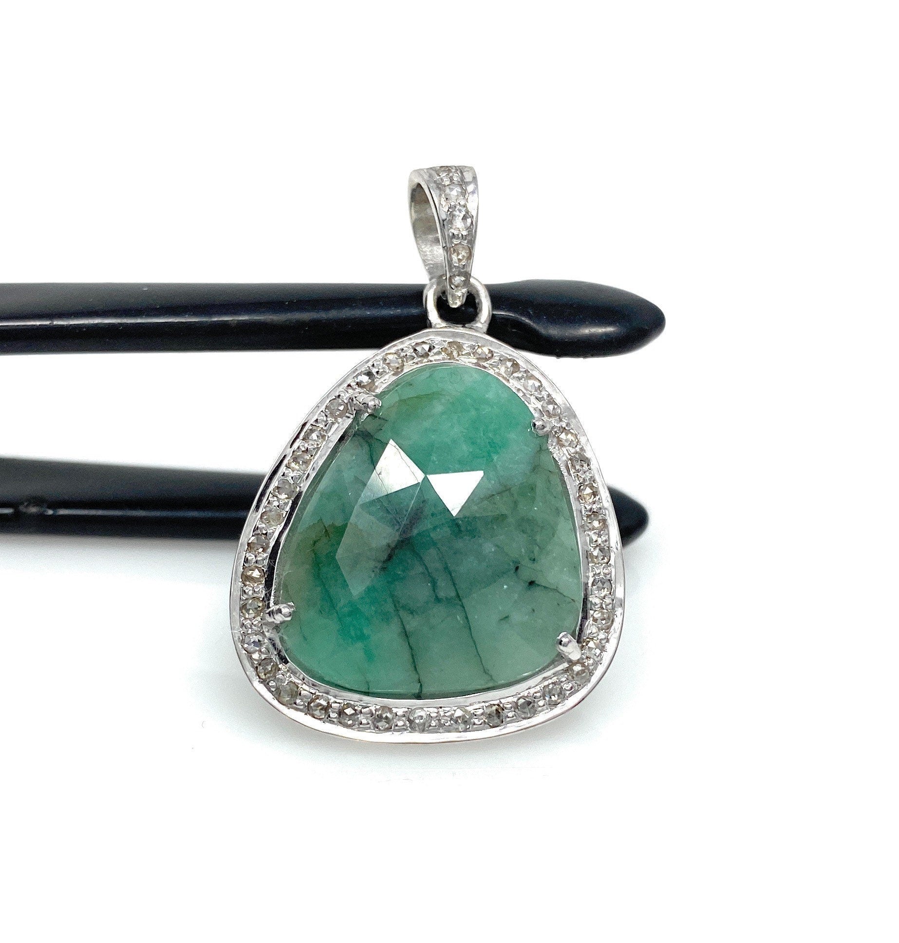 Emerald Diamond Pendant, Natural Emerald Sterling Silver Pendant, May