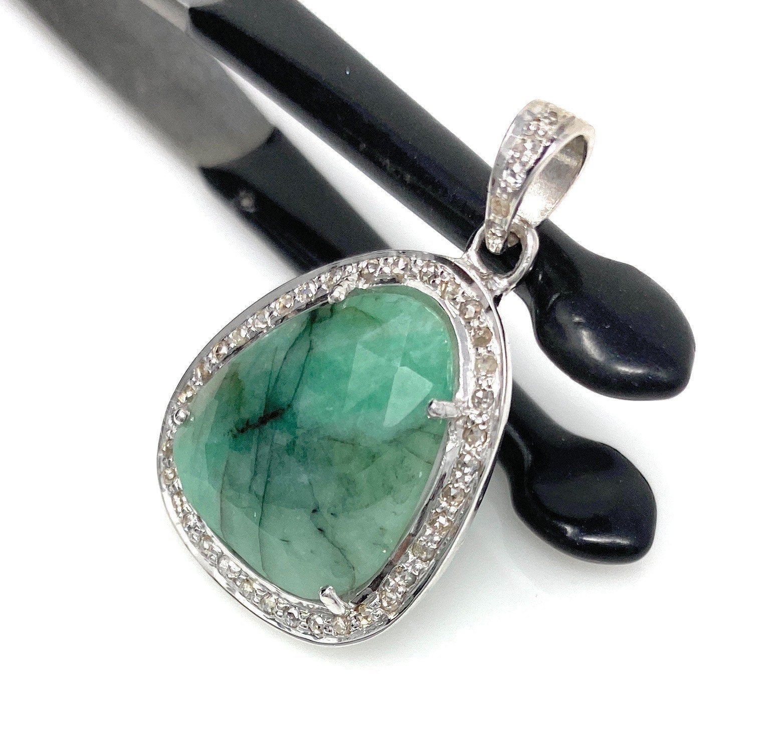 Emerald Diamond Pendant, Natural Emerald Sterling Silver Pendant, May