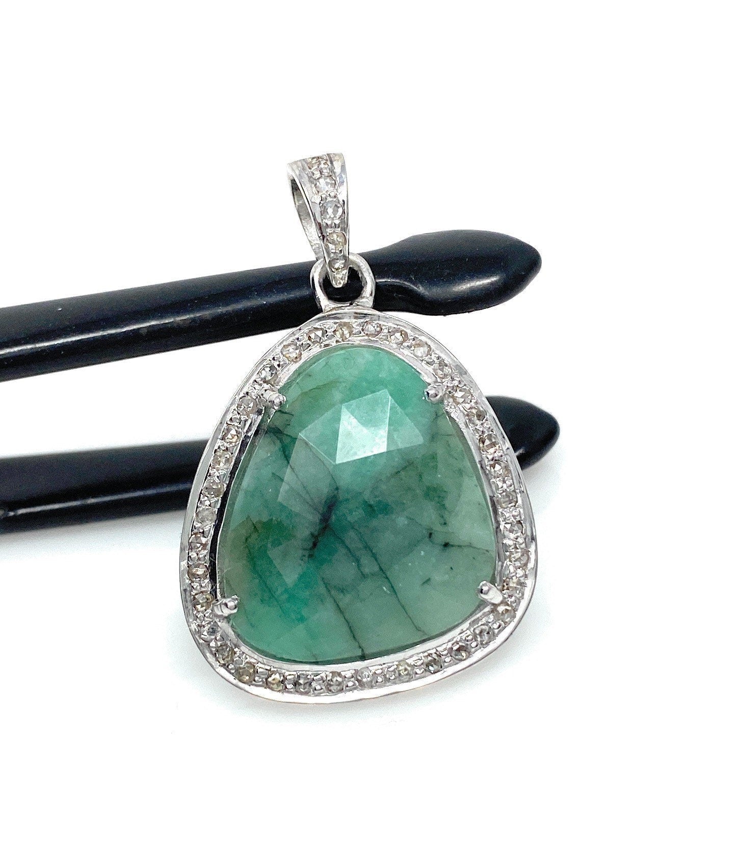 Emerald Diamond Pendant, Natural Emerald Sterling Silver Pendant, May