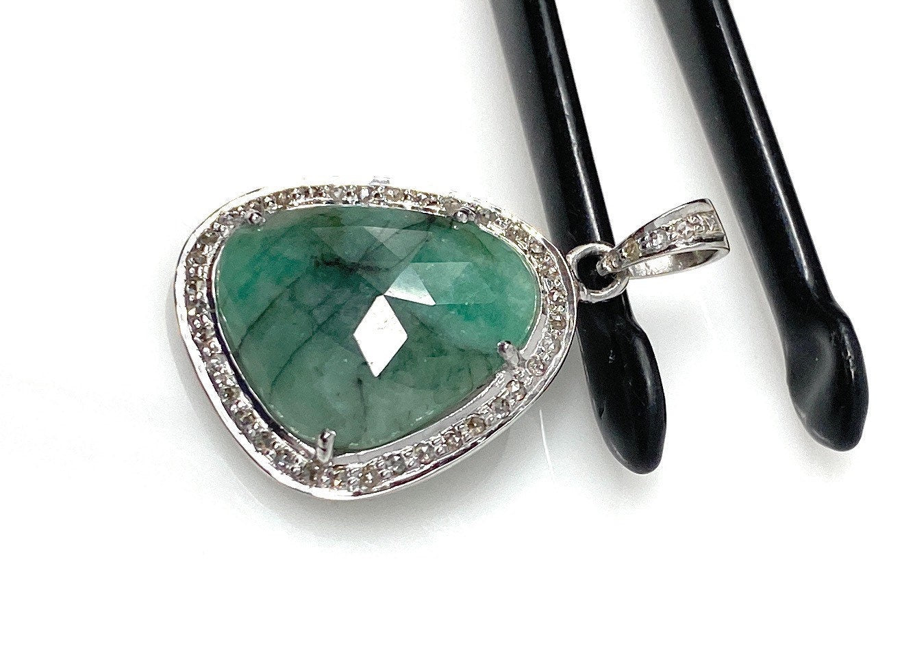 Emerald Diamond Pendant, Natural Emerald Sterling Silver Pendant, May