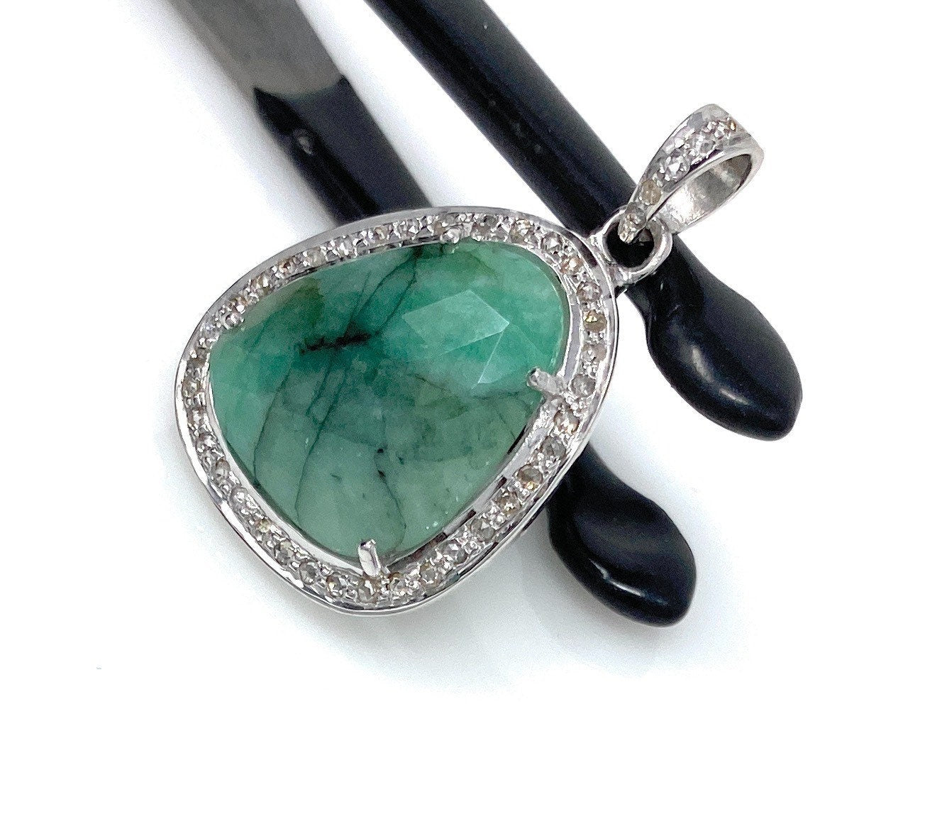 Emerald Diamond Pendant, Natural Emerald Sterling Silver Pendant, May