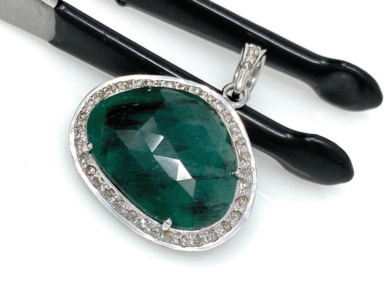 Emerald Diamond Pendant, Natural Emerald Sterling Silver Pendant, May