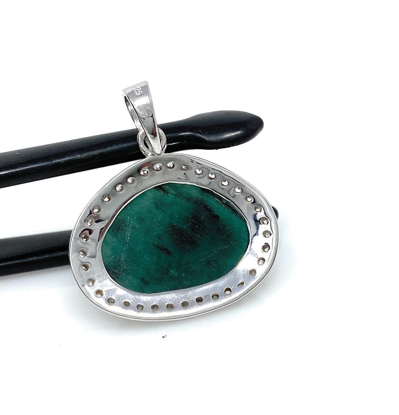 Emerald Diamond Pendant, Natural Emerald Sterling Silver Pendant, May