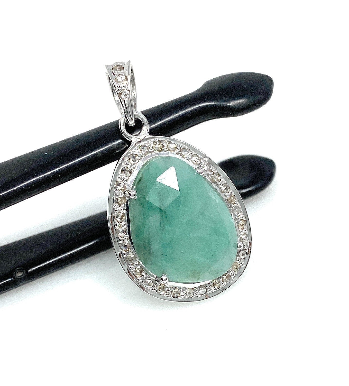 Emerald Diamond Pendant, Natural Emerald Sterling Silver Pendant, May