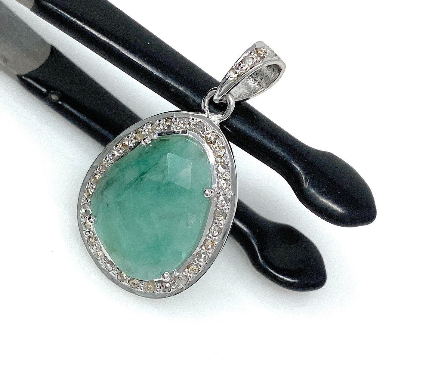 Emerald Diamond Pendant, Natural Emerald Sterling Silver Pendant, May