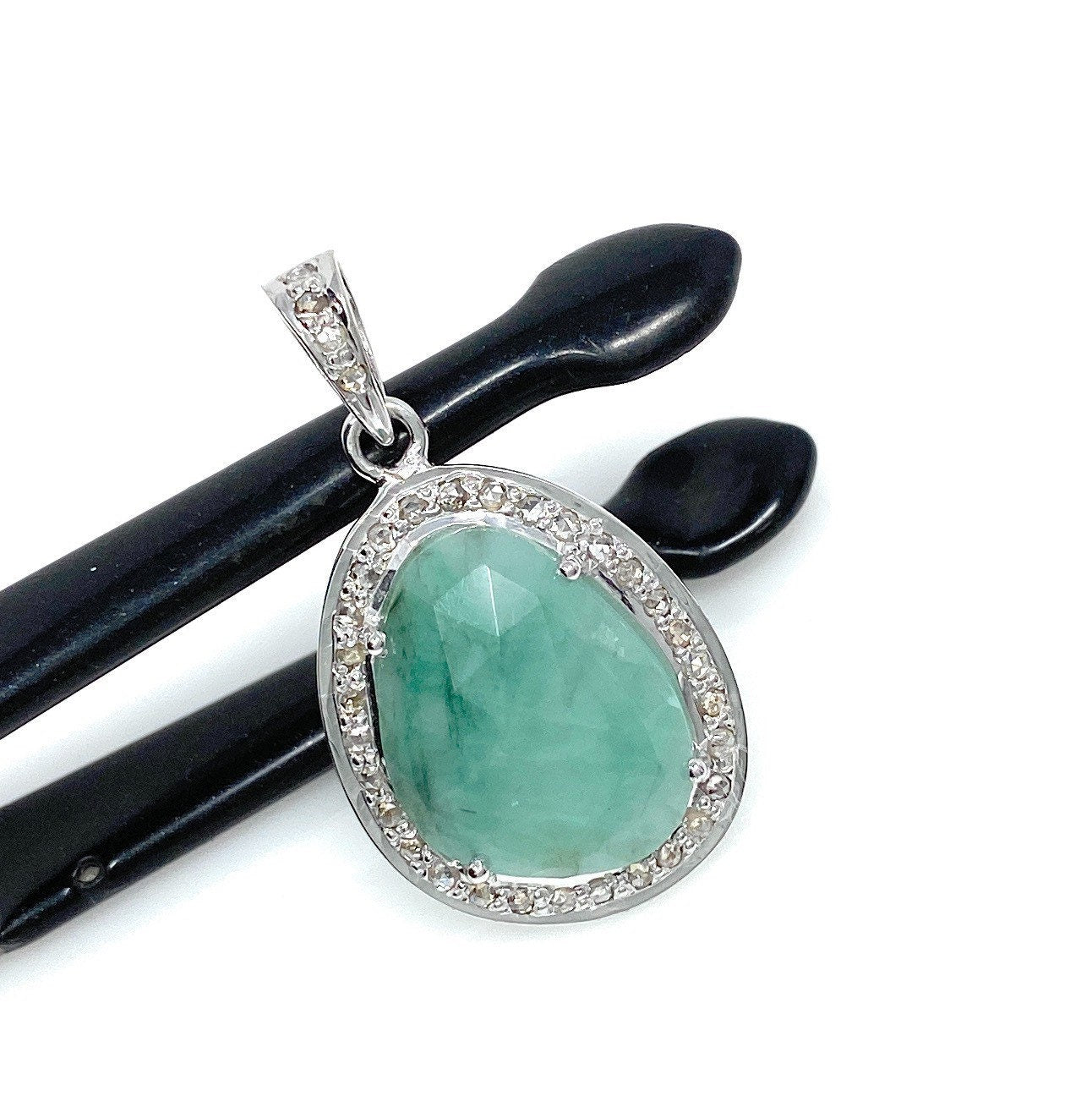 Emerald Diamond Pendant, Natural Emerald Sterling Silver Pendant, May