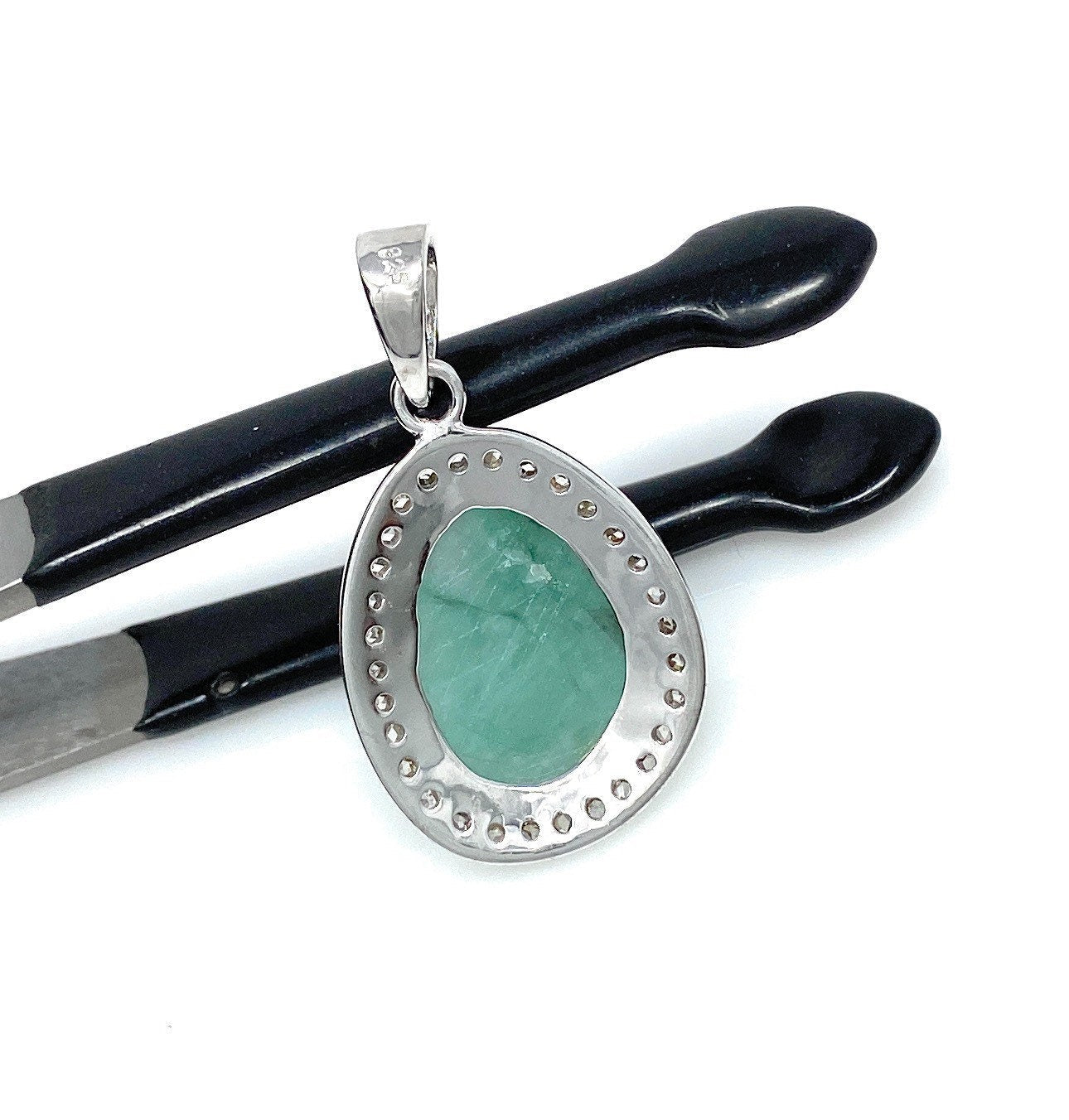 Emerald Diamond Pendant, Natural Emerald Sterling Silver Pendant, May