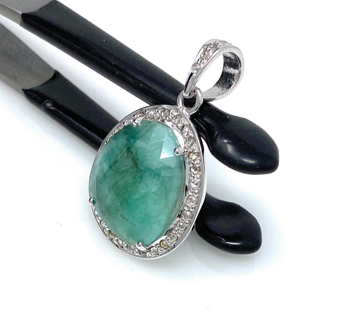 Emerald Diamond Pendant, Natural Emerald Sterling Silver Pendant, May