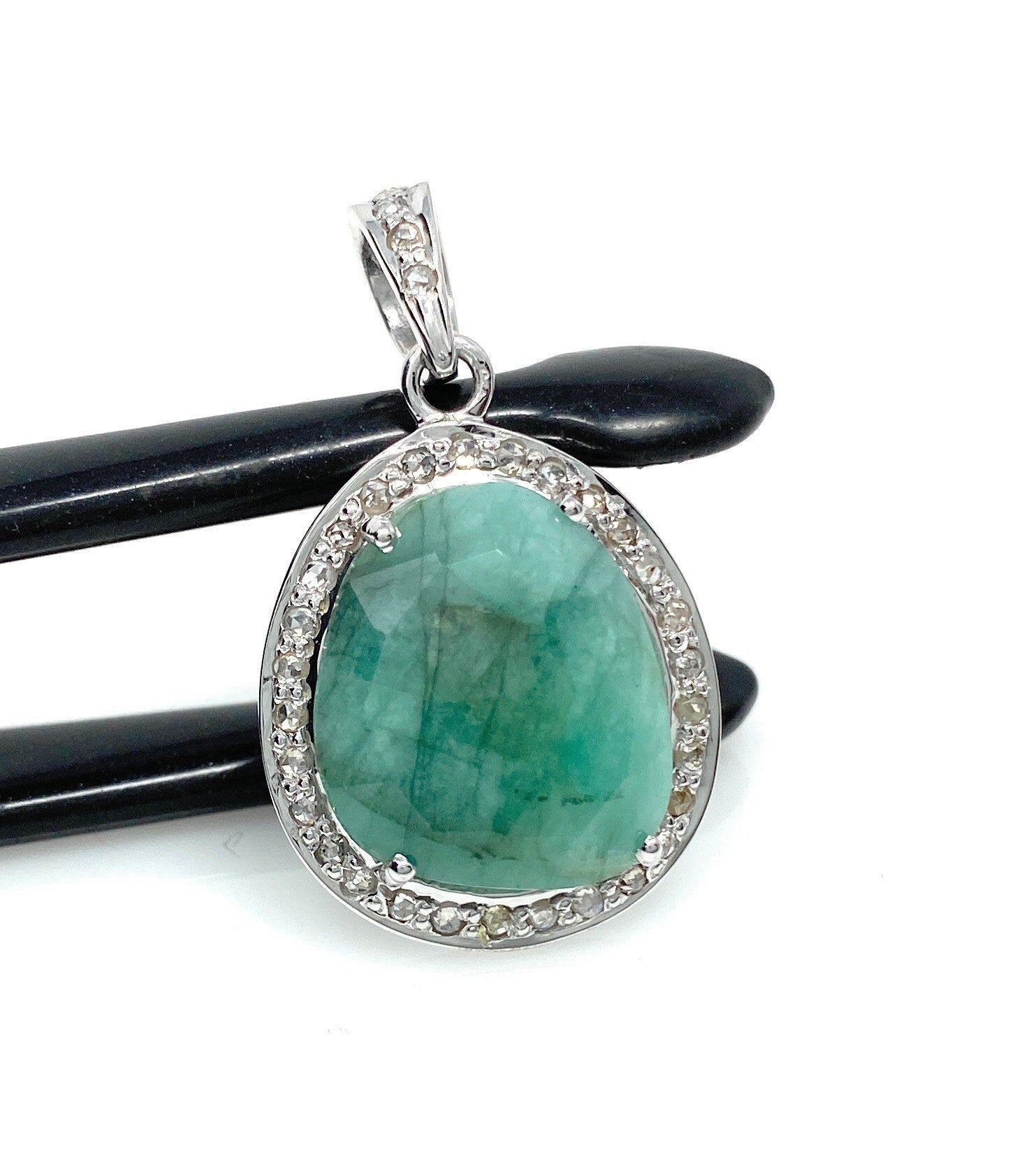 Emerald Diamond Pendant, Natural Emerald Sterling Silver Pendant, May