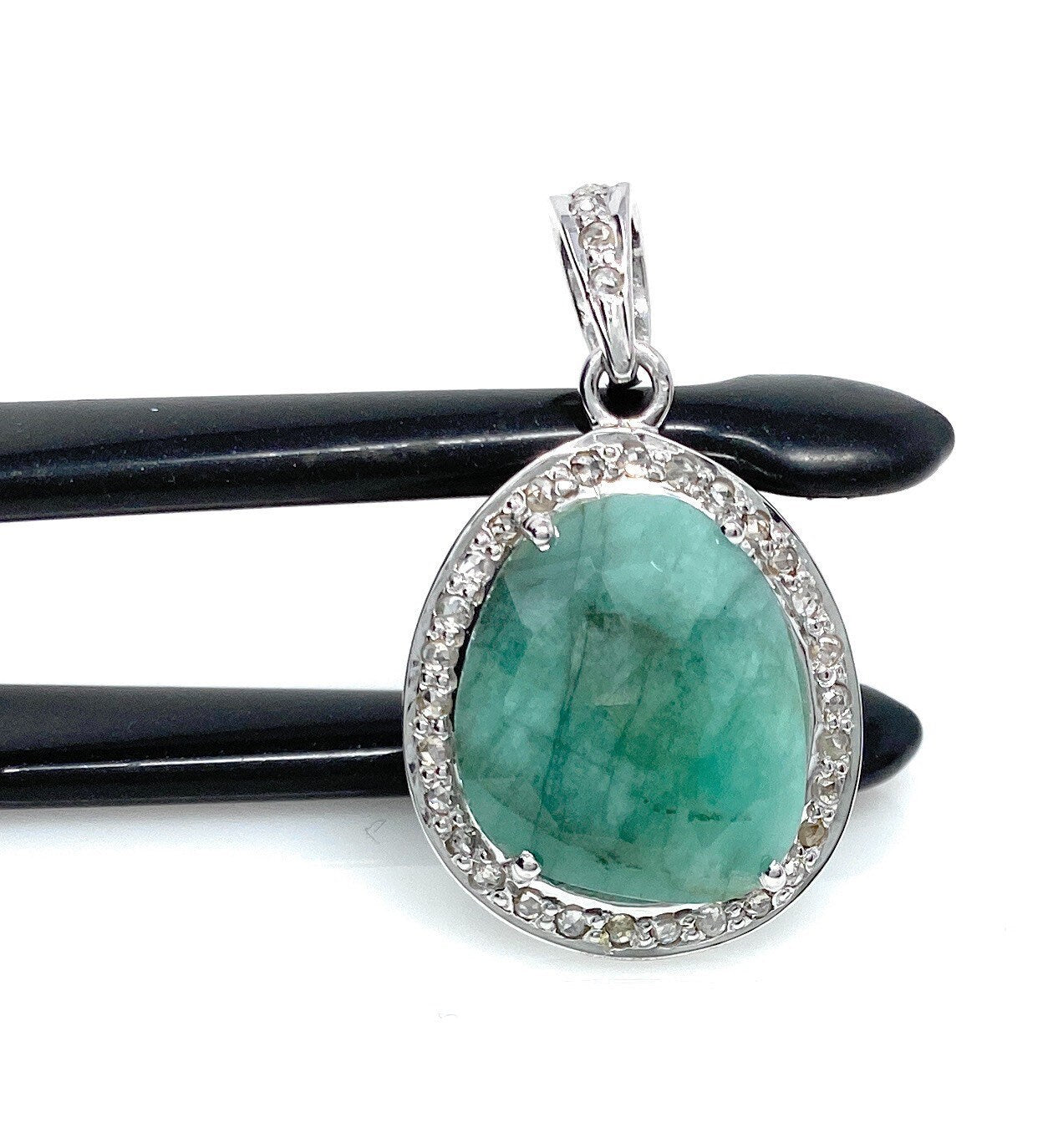 Emerald Diamond Pendant, Natural Emerald Sterling Silver Pendant, May