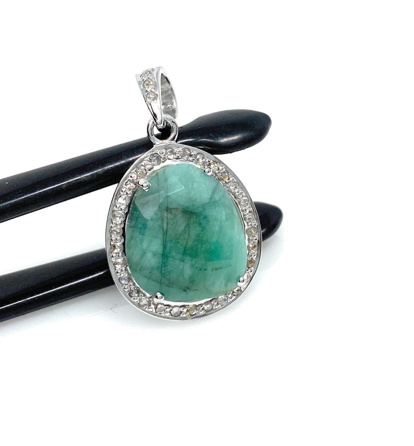 Emerald Diamond Pendant, Natural Emerald Sterling Silver Pendant, May