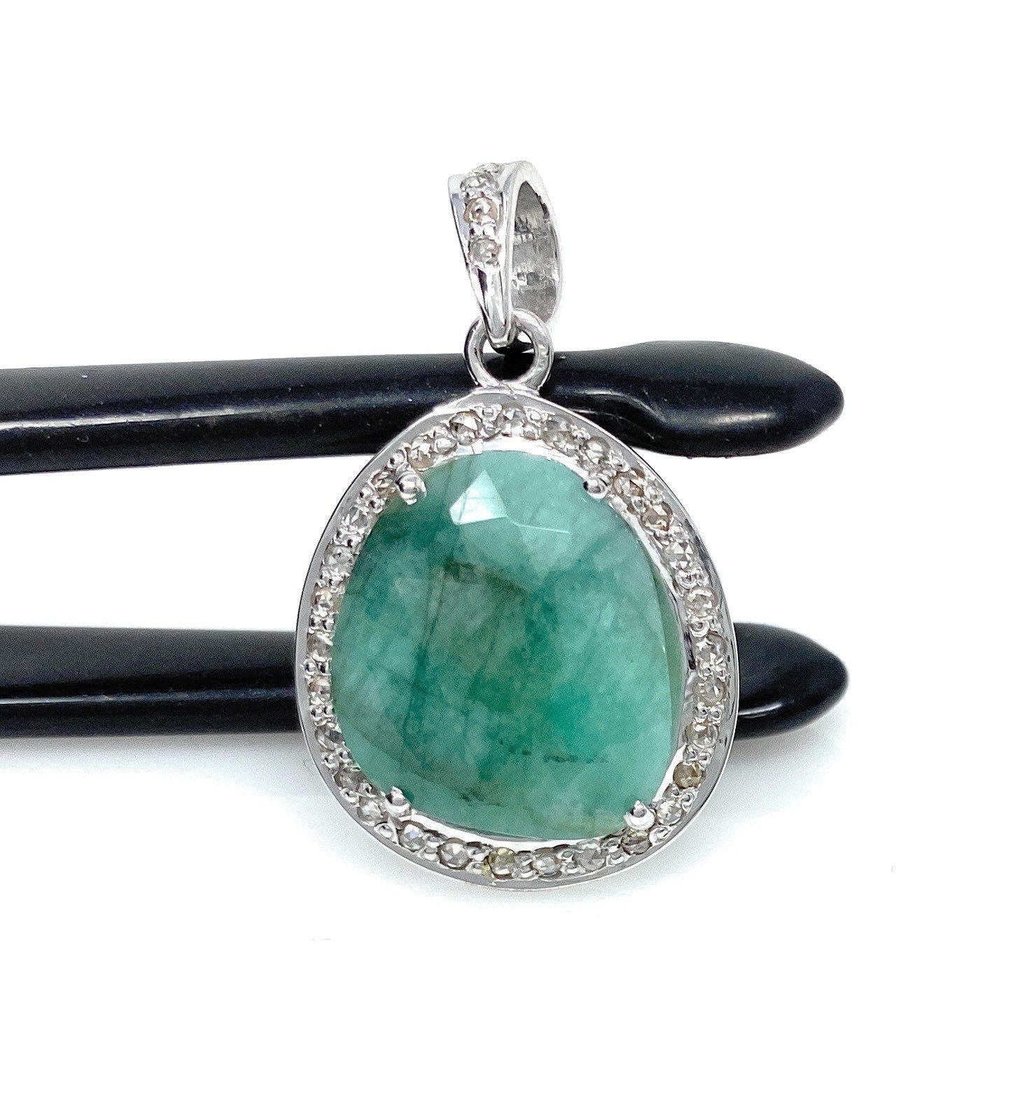 Emerald Diamond Pendant, Natural Emerald Sterling Silver Pendant, May