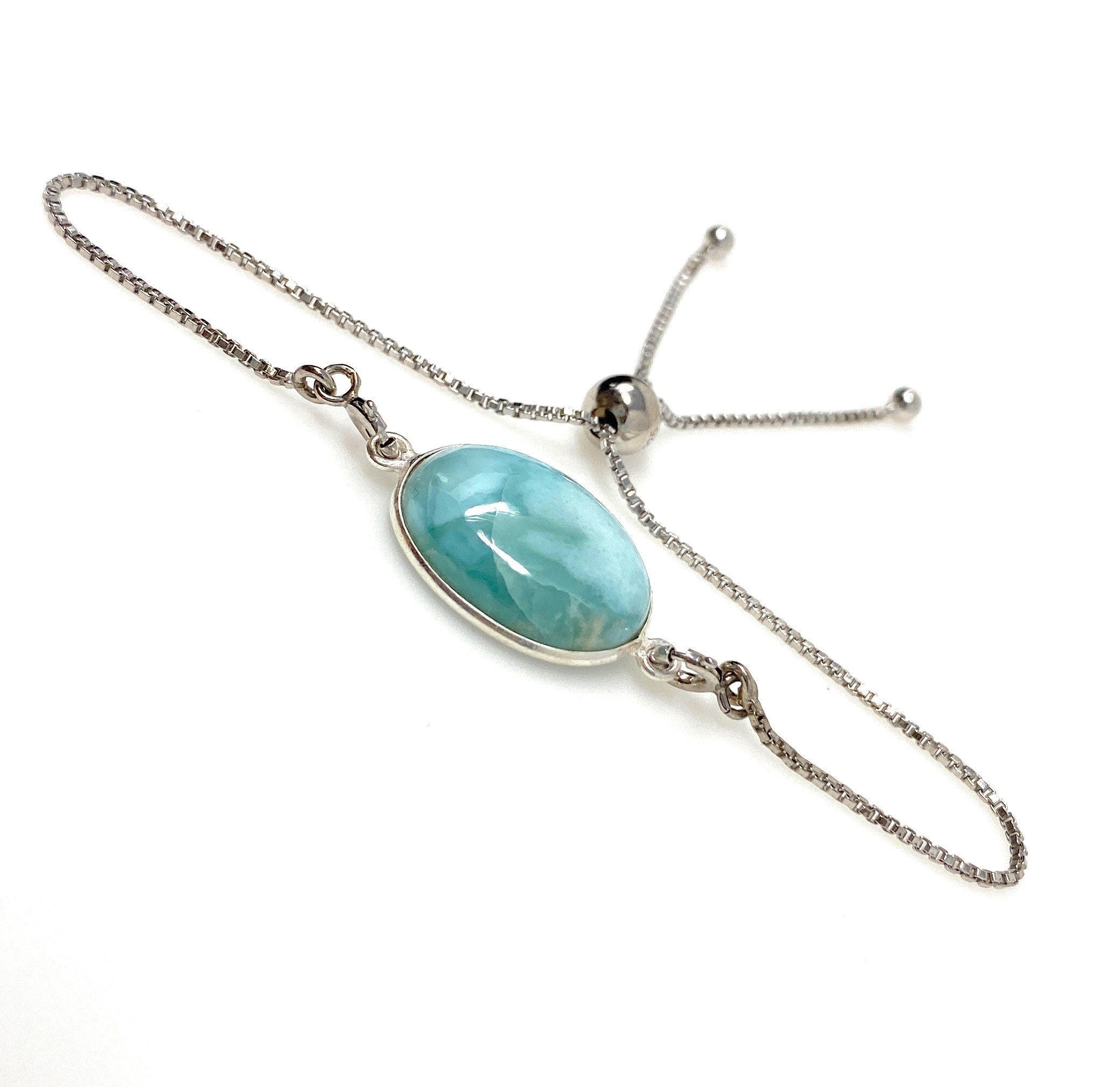 Larimar Gemstone Bracelet, Sterling Silver Adjustable Bolo Bracelet,