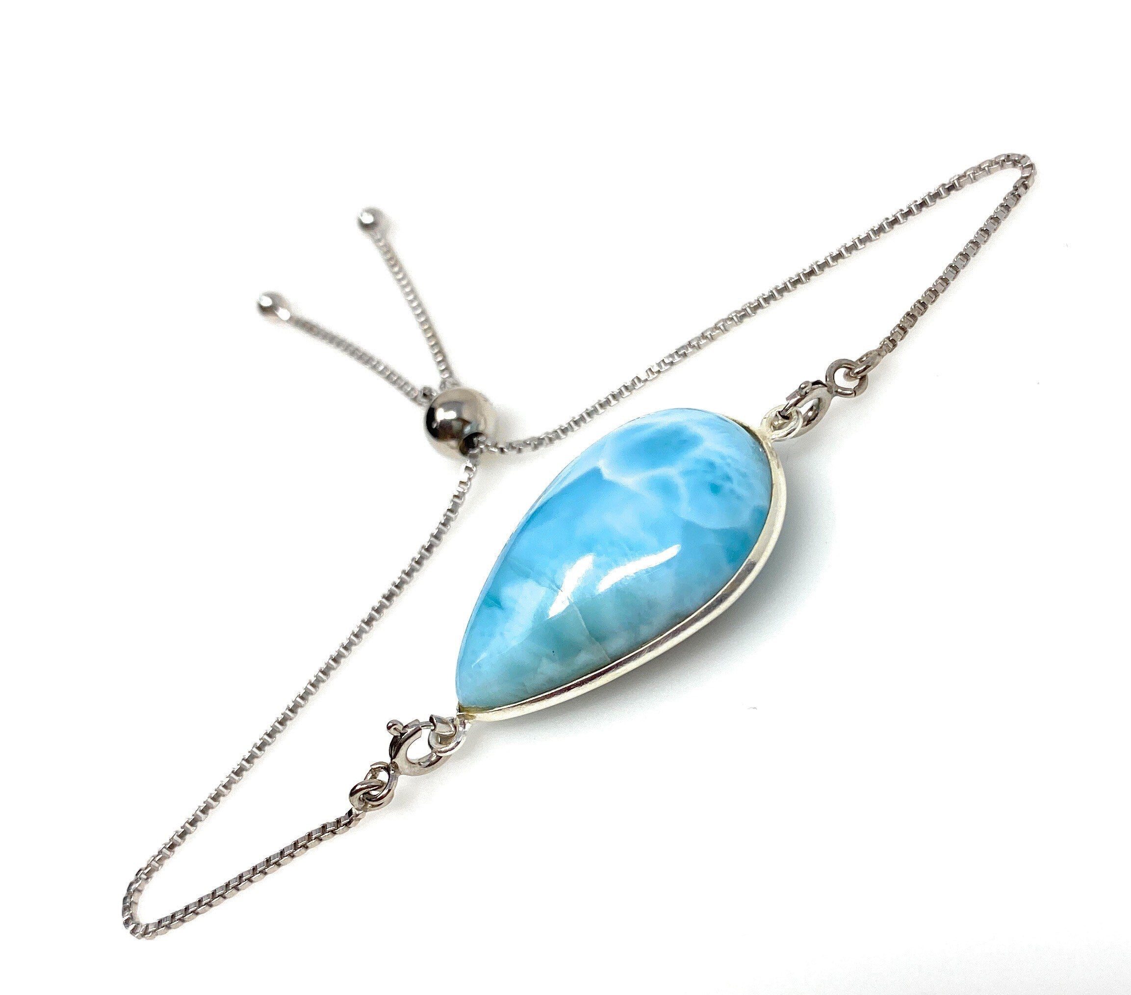 Larimar Gemstone Bracelet, Sterling Silver Adjustable Bolo Bracelet,