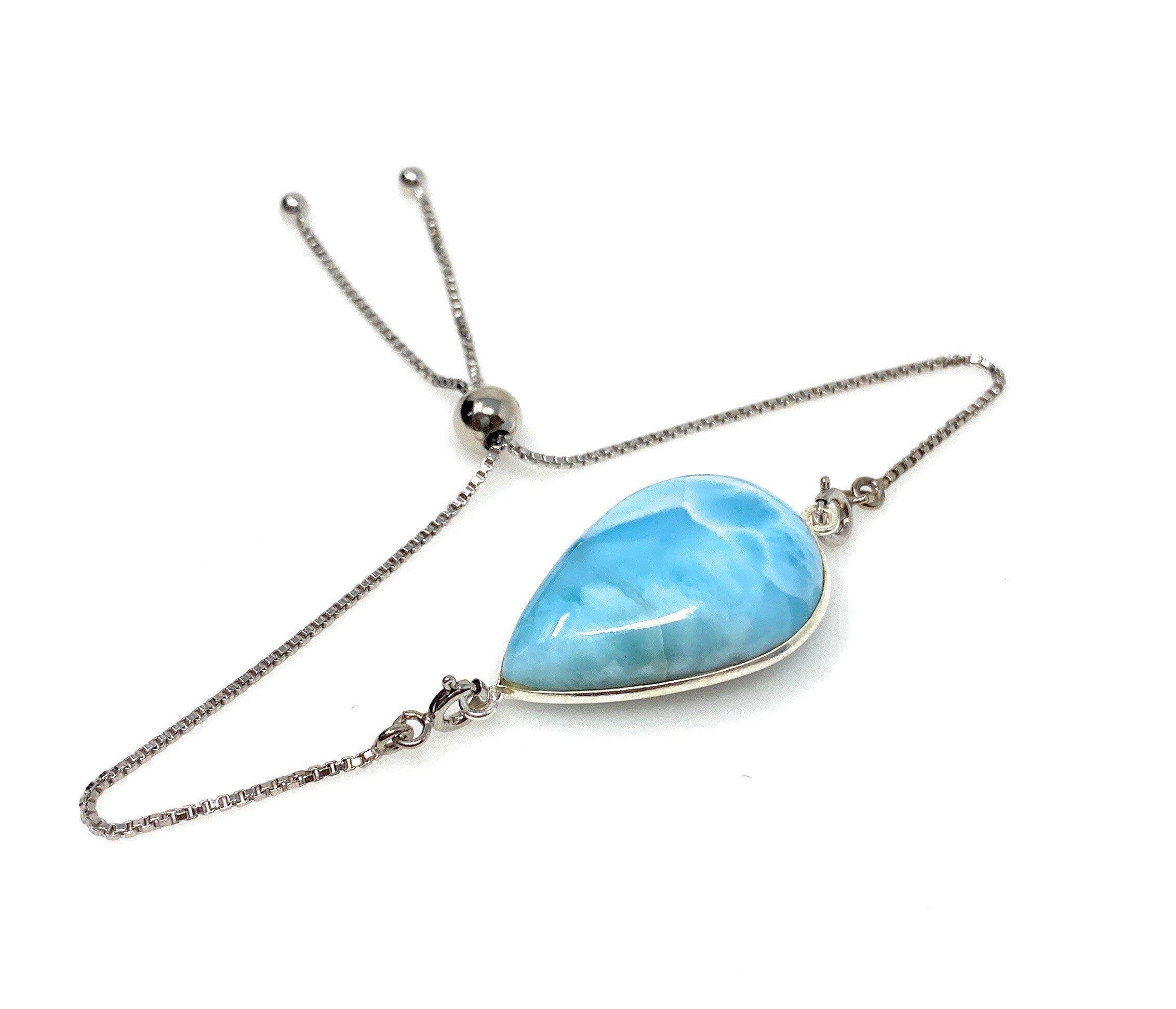 Larimar Gemstone Bracelet, Sterling Silver Adjustable Bolo Bracelet,