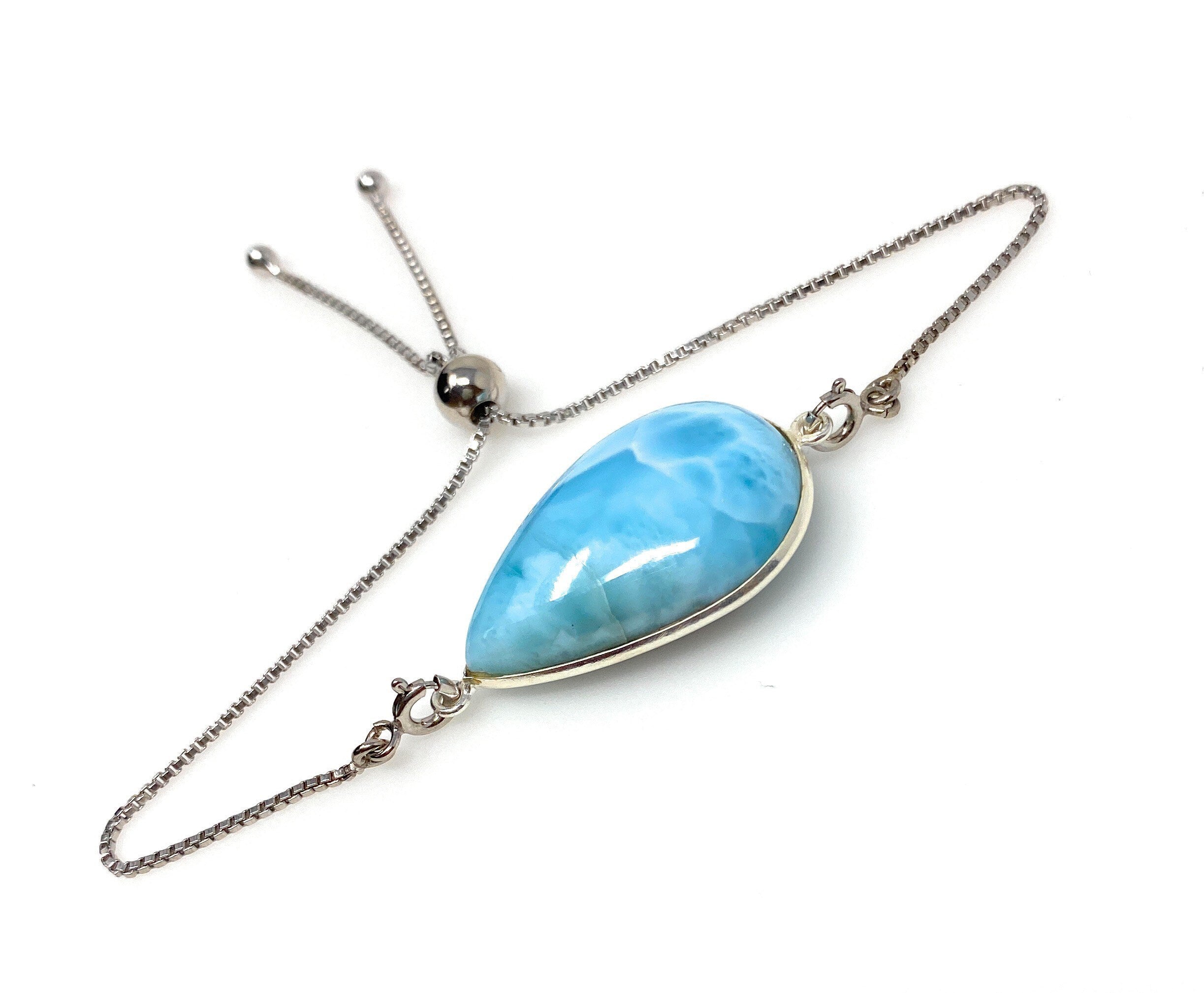 Larimar Gemstone Bracelet, Sterling Silver Adjustable Bolo Bracelet,