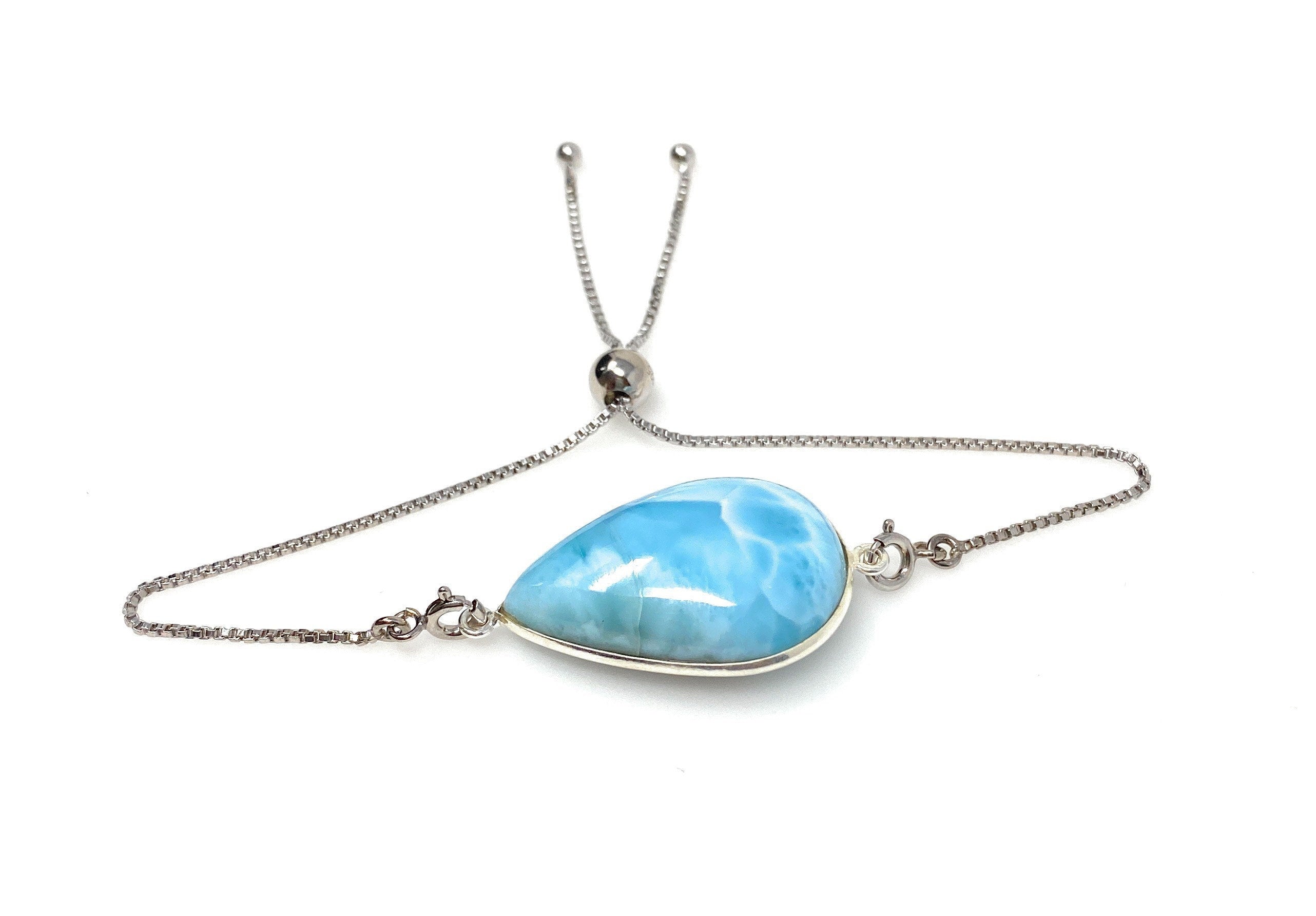 Larimar Gemstone Bracelet, Sterling Silver Adjustable Bolo Bracelet,