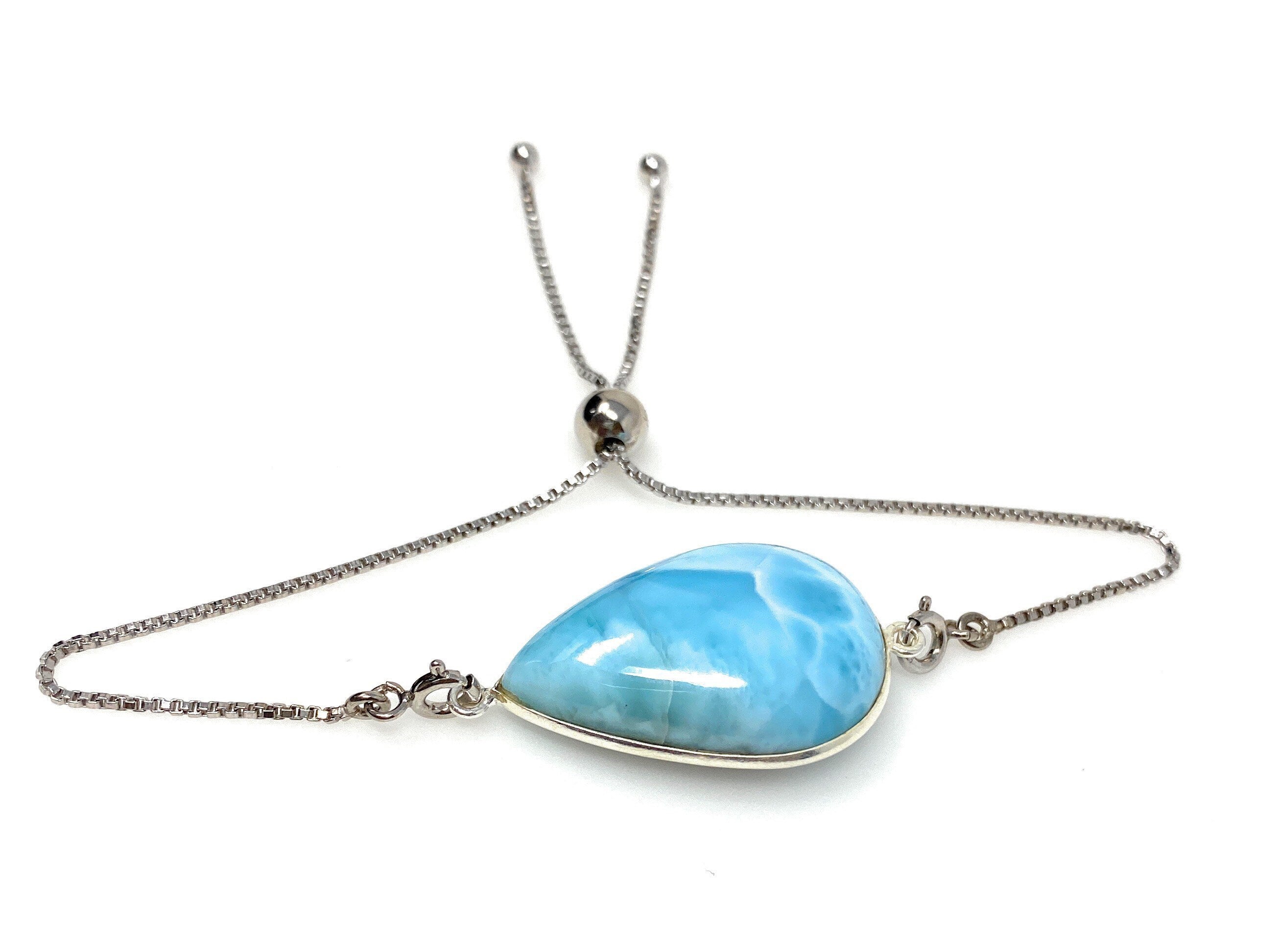 Larimar Gemstone Bracelet, Sterling Silver Adjustable Bolo Bracelet,