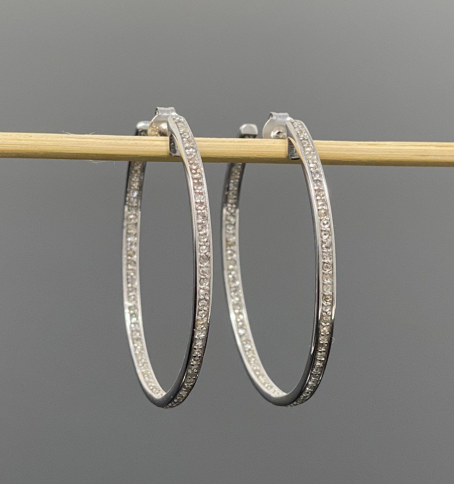 Diamond Hoop Earrings, Sterling Silver Pave Diamond Earrings, Silver