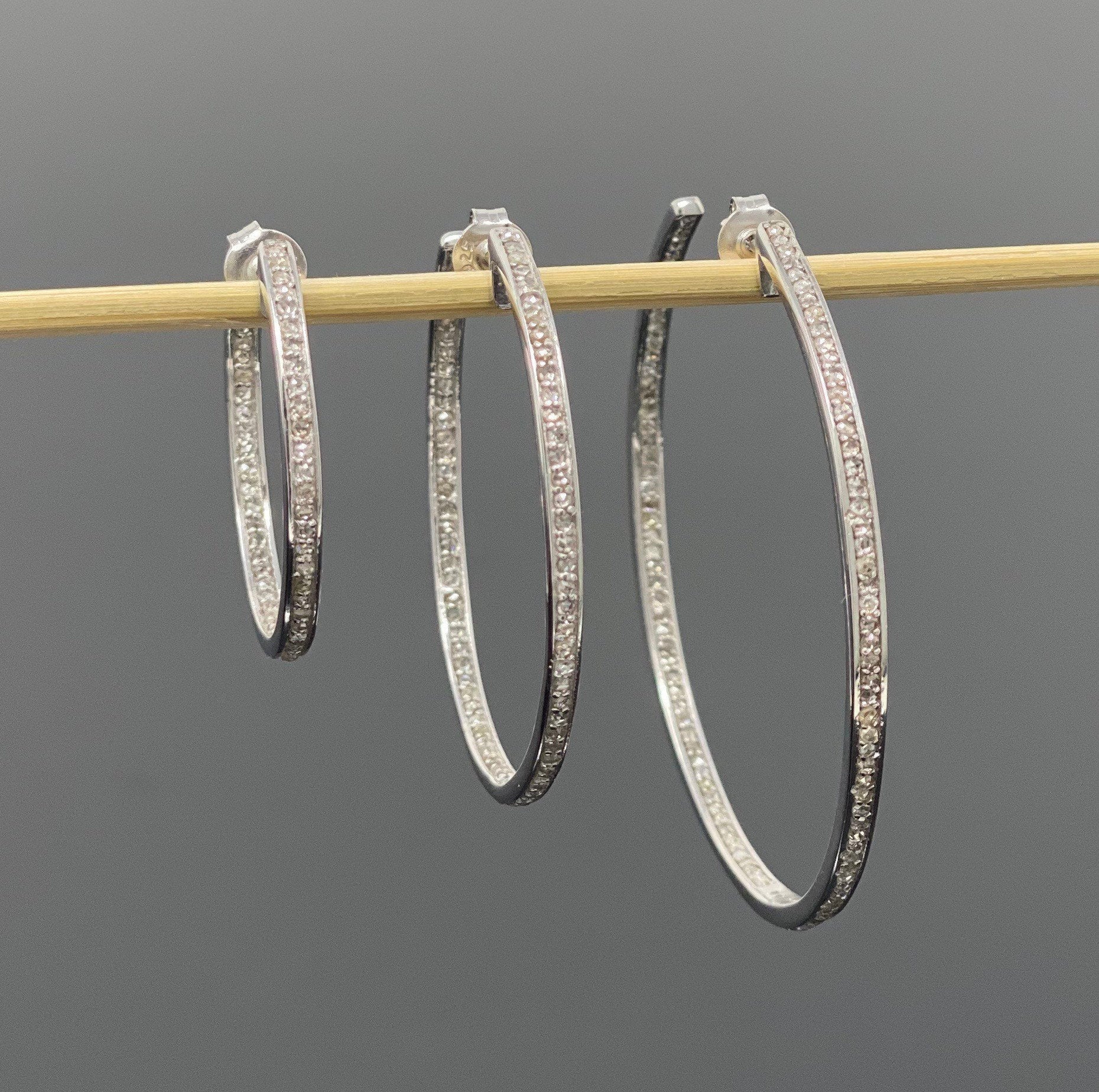 Diamond Hoop Earrings, Sterling Silver Pave Diamond Earrings, Silver