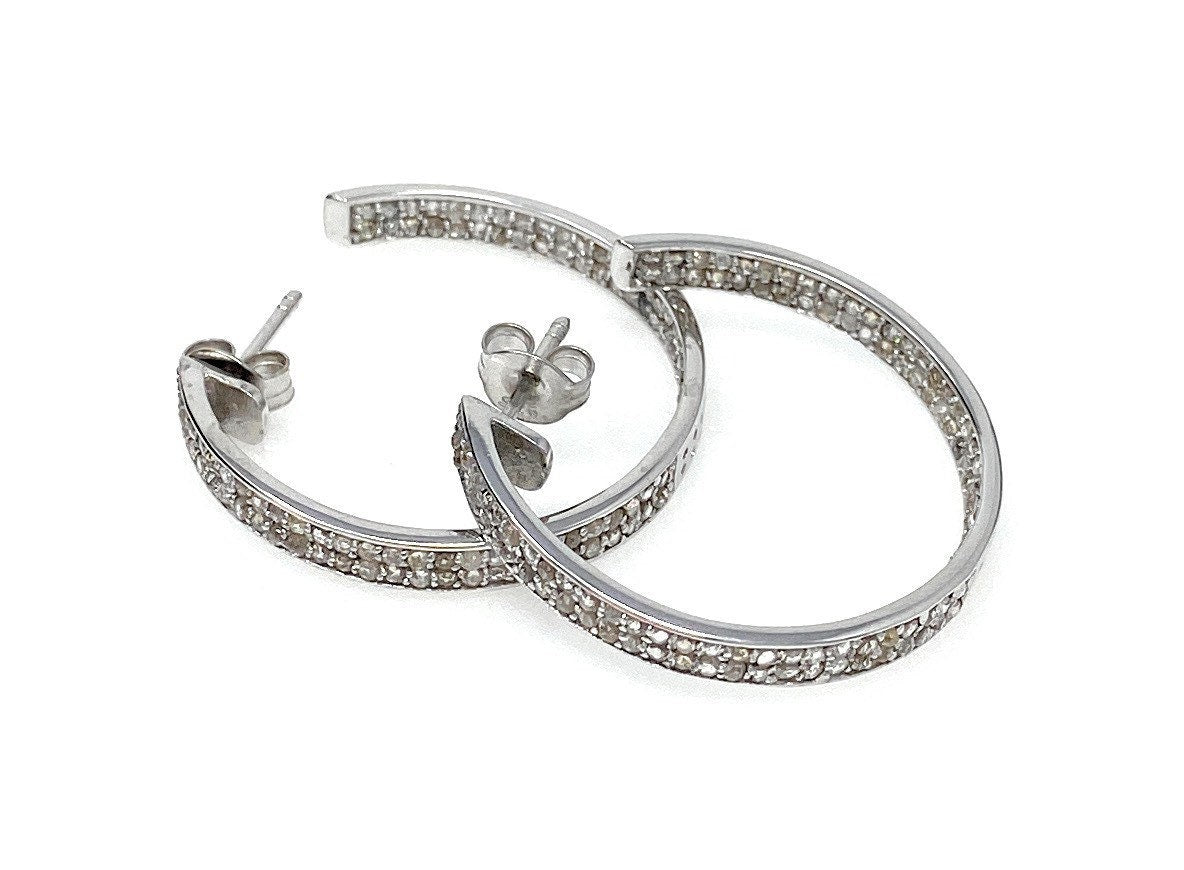 25mm Diamond Hoop Earrings, Sterling Silver Pave Diamond Earrings,