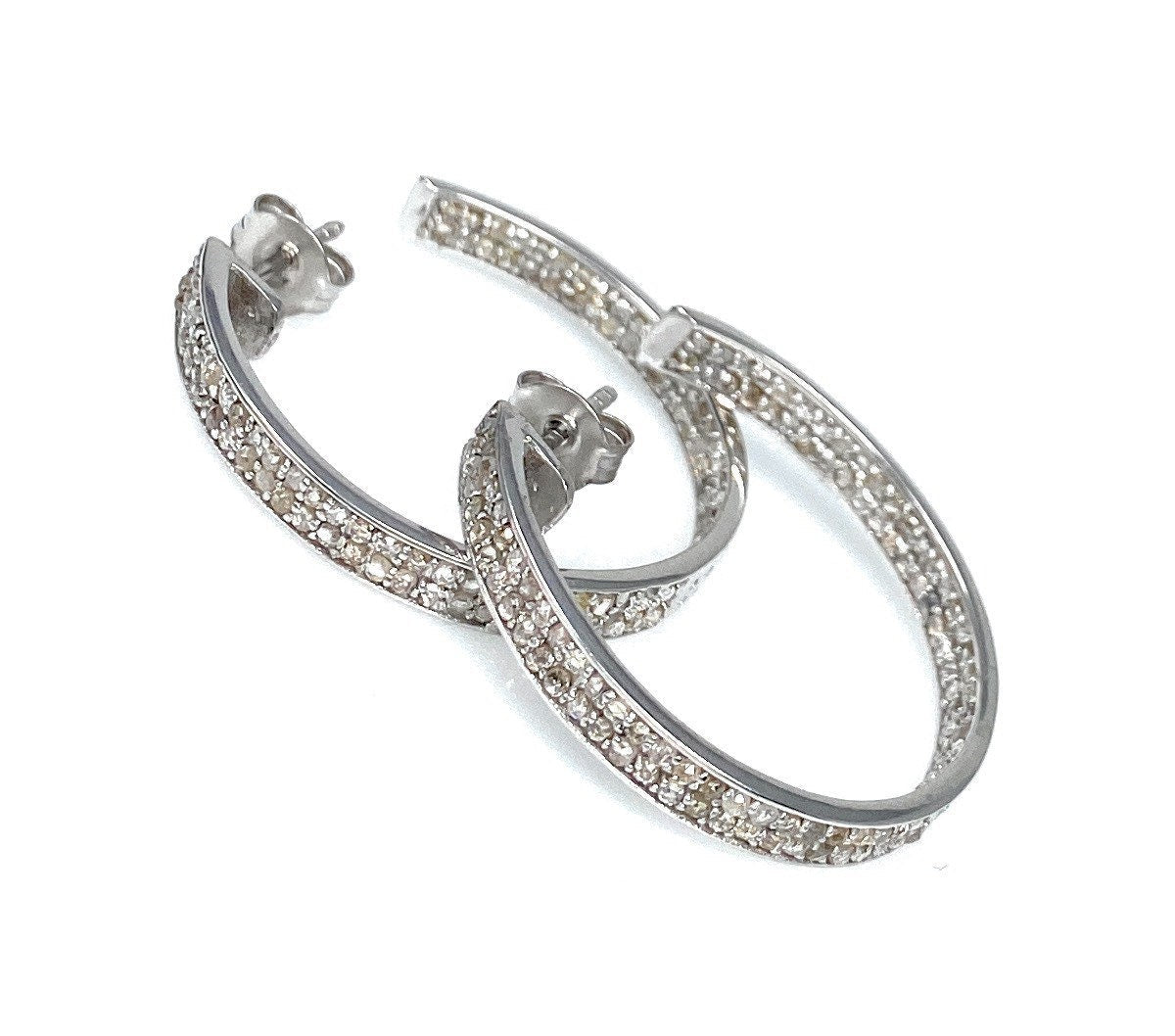 25mm Diamond Hoop Earrings, Sterling Silver Pave Diamond Earrings,