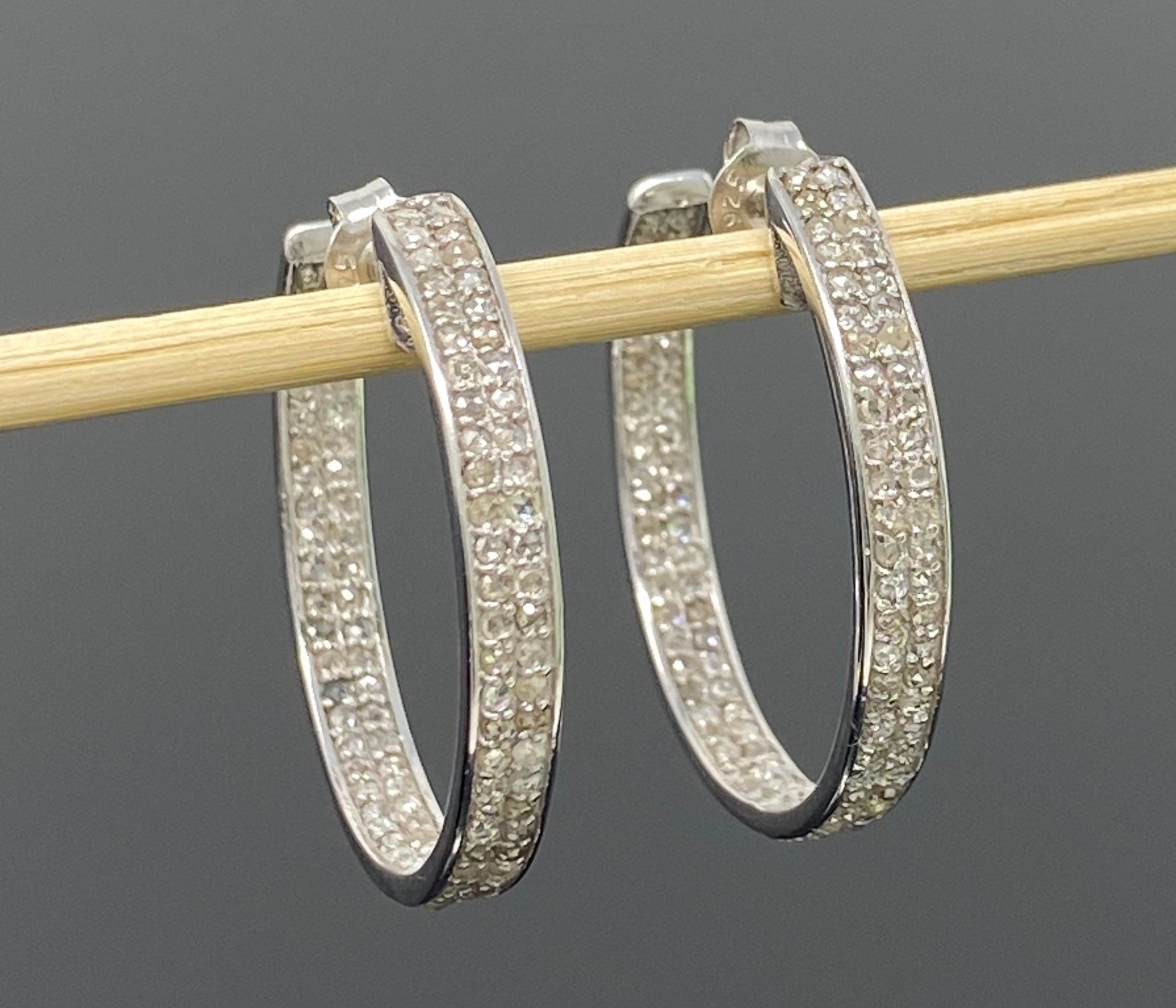 25mm Diamond Hoop Earrings, Sterling Silver Pave Diamond Earrings,