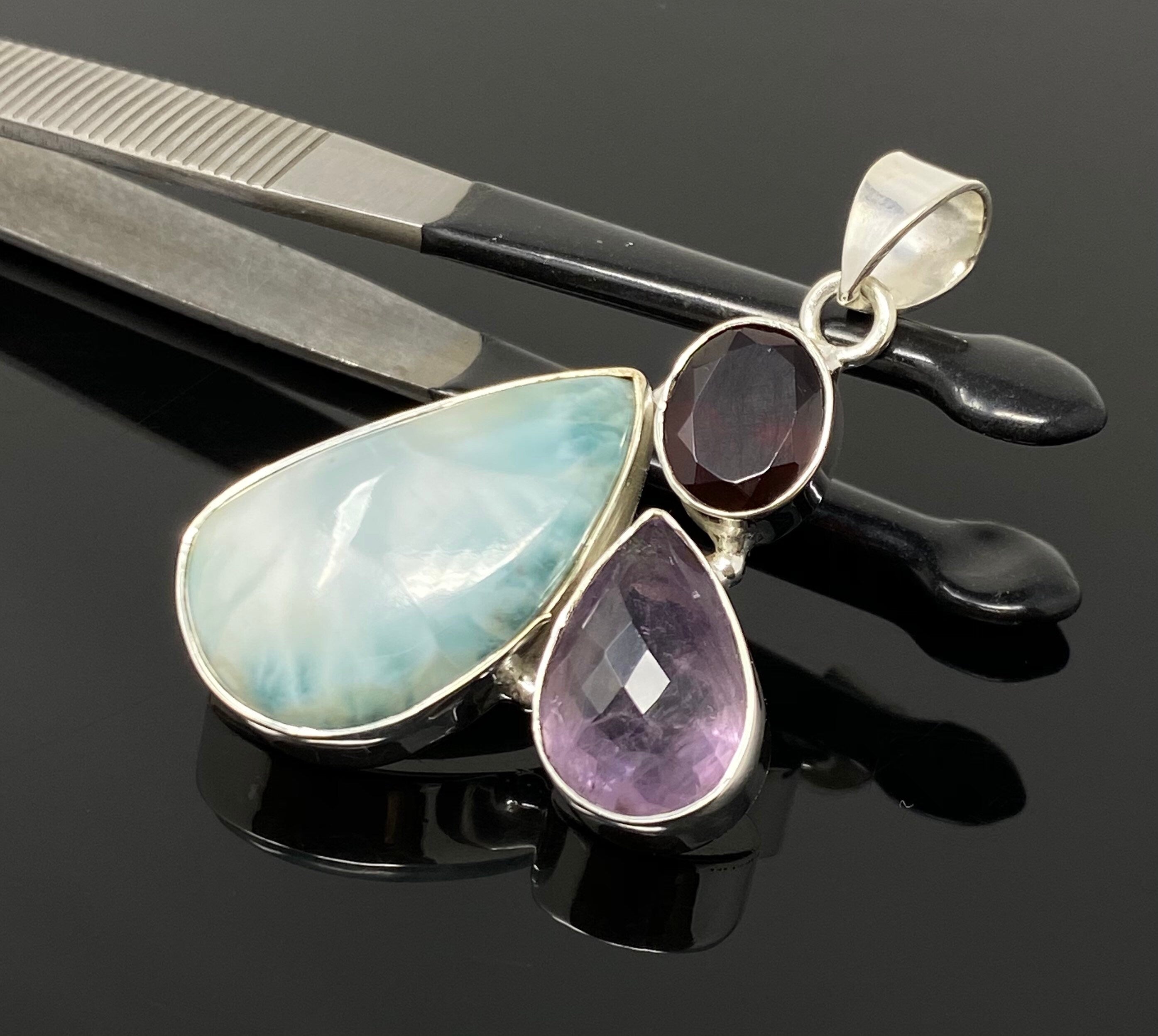 Natural Larimar with Amethyst and Garnet Gemstone Pendant, Sterling Si