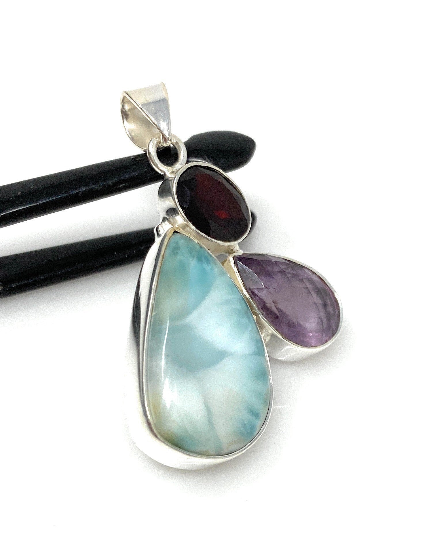 Natural Larimar with Amethyst and Garnet Gemstone Pendant, Sterling Si