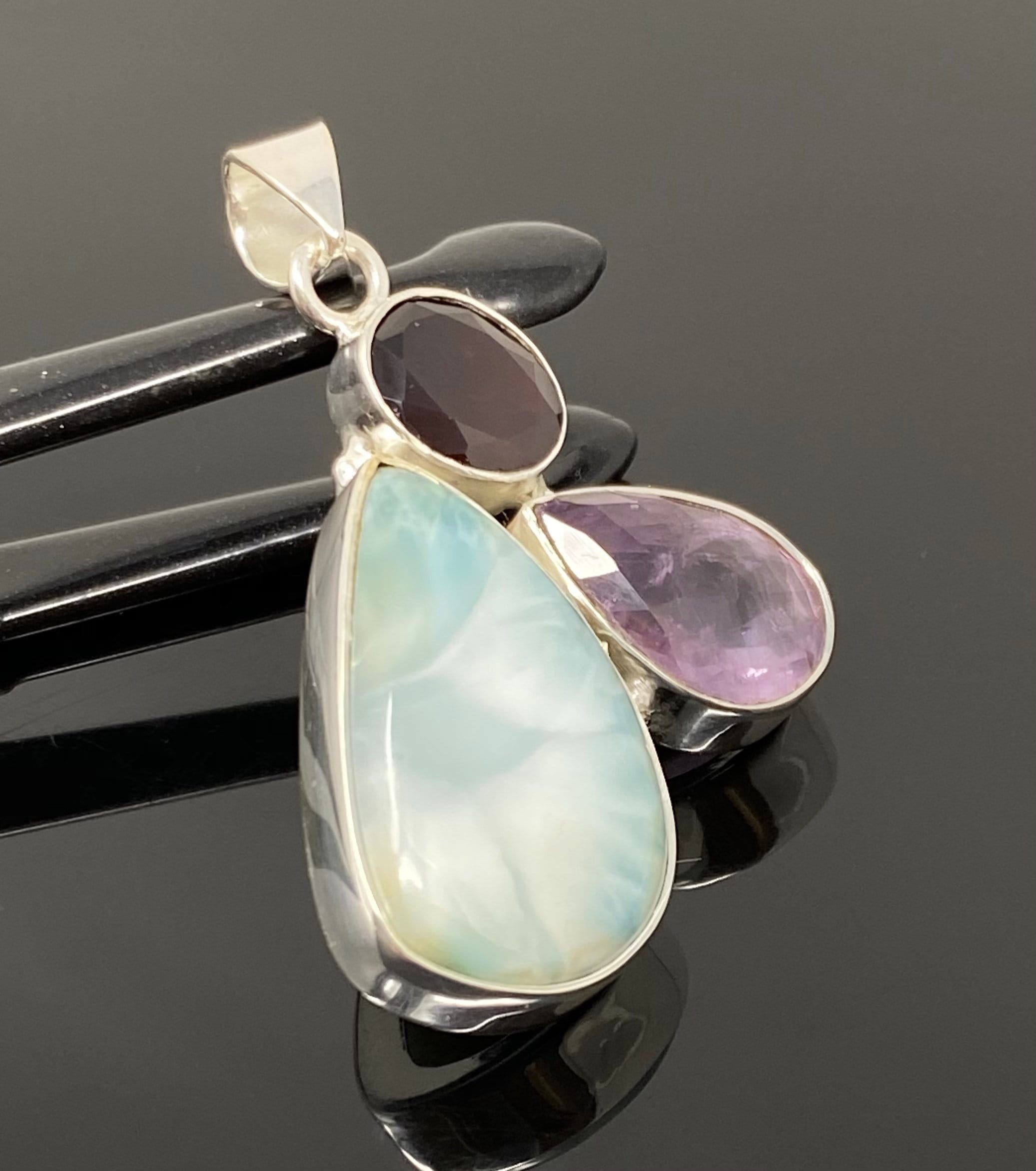 Natural Larimar with Amethyst and Garnet Gemstone Pendant, Sterling Si