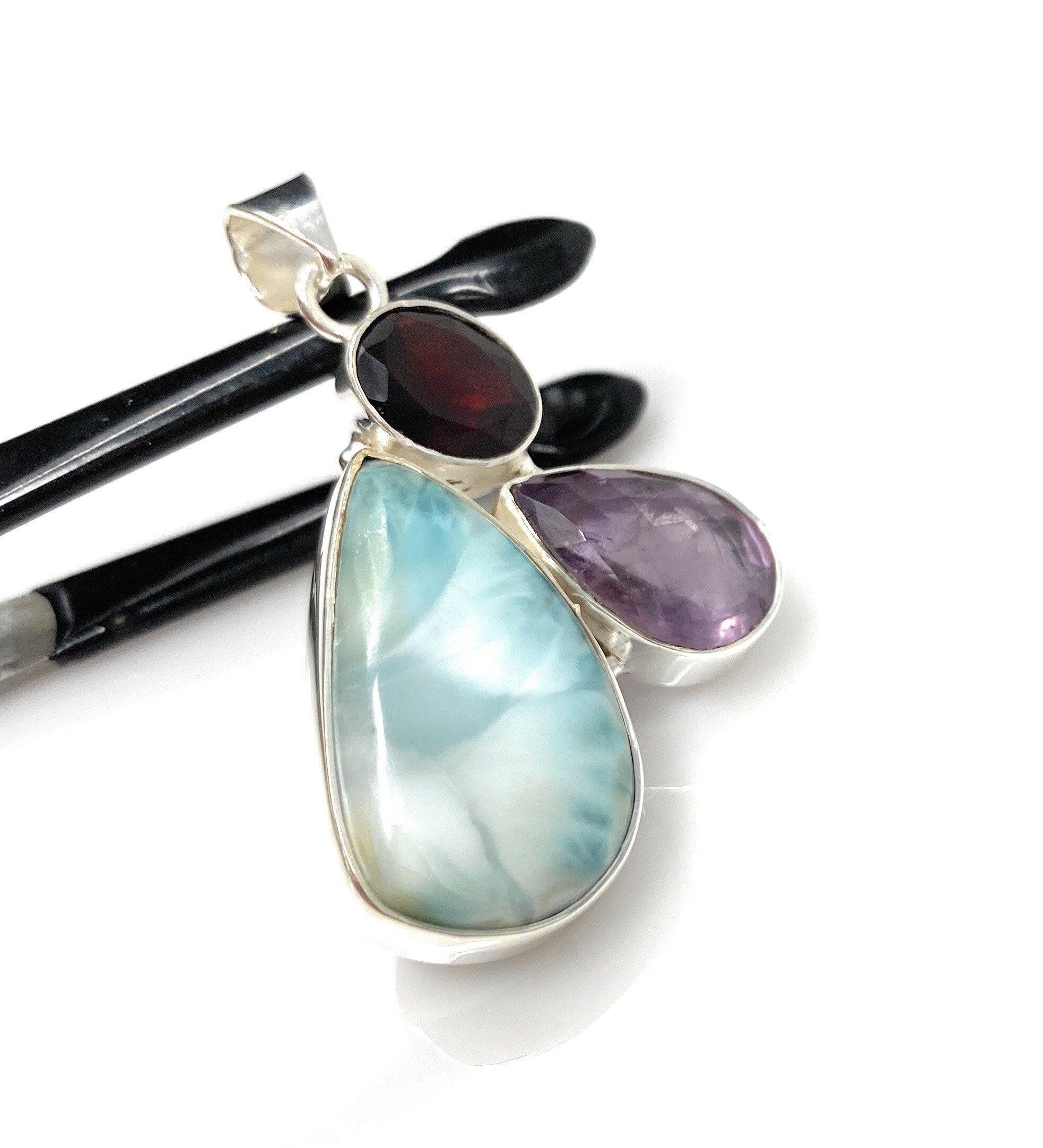 Natural Larimar with Amethyst and Garnet Gemstone Pendant, Sterling Si