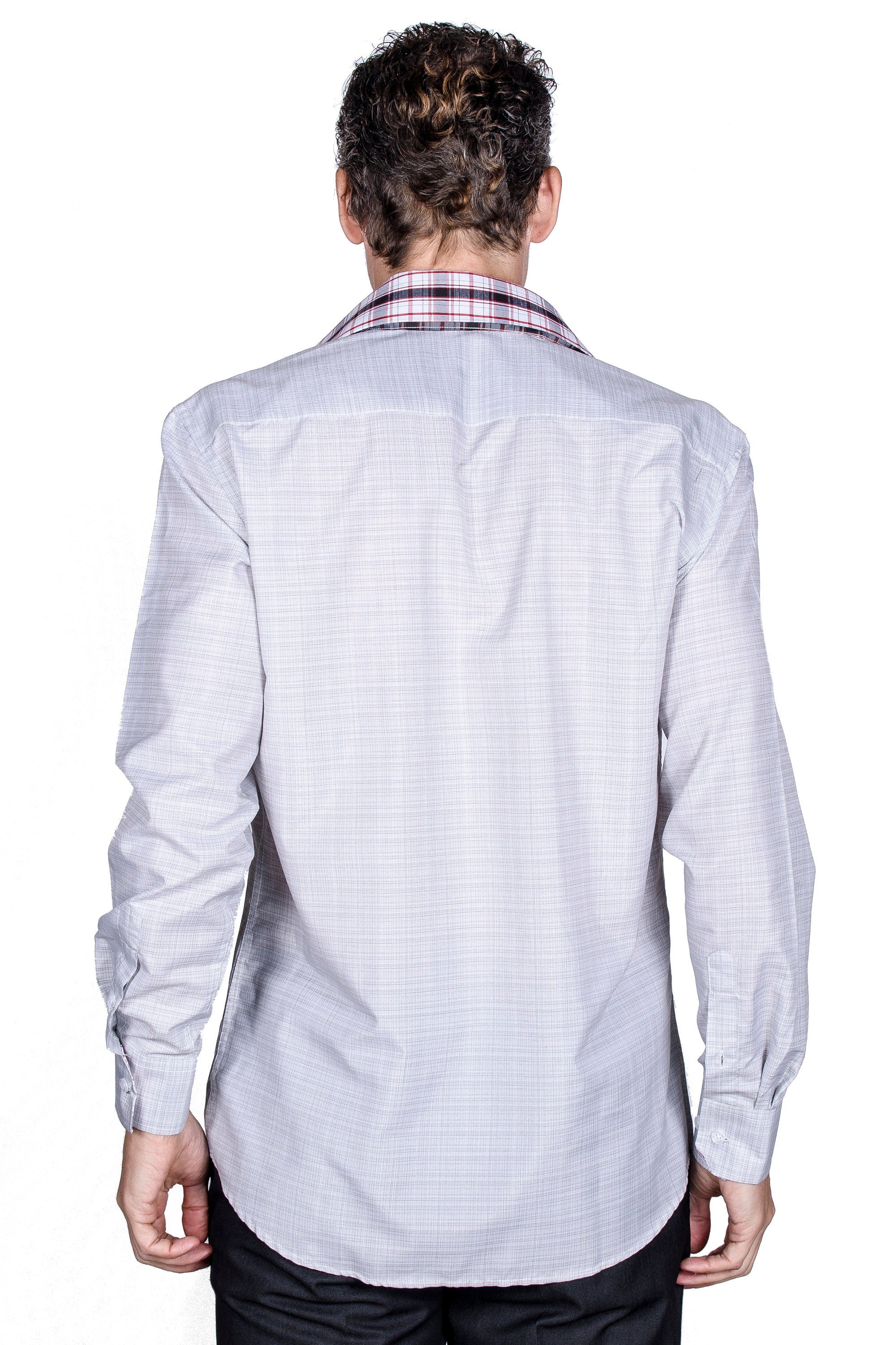 Men's Light Gray Slim Fit Cotton Dress Shirt with Collar Cover
