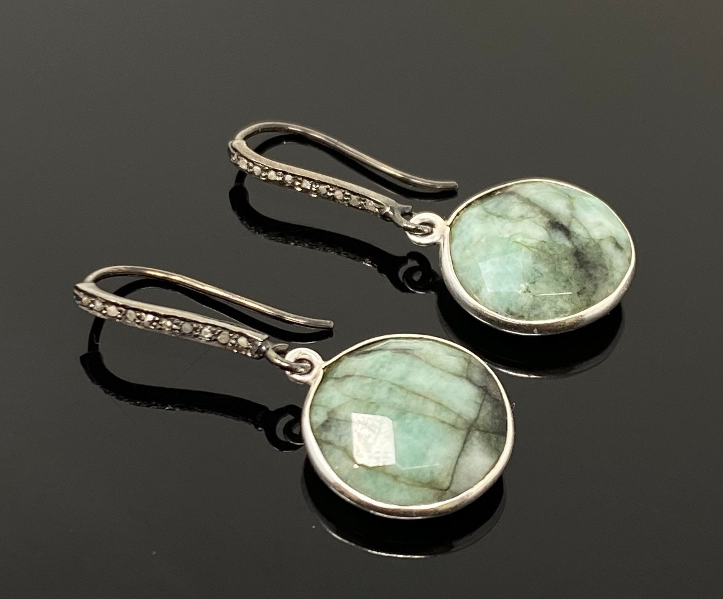 Genuine Emerald Earrings, Pave Diamond Earrings, Sterling Silver