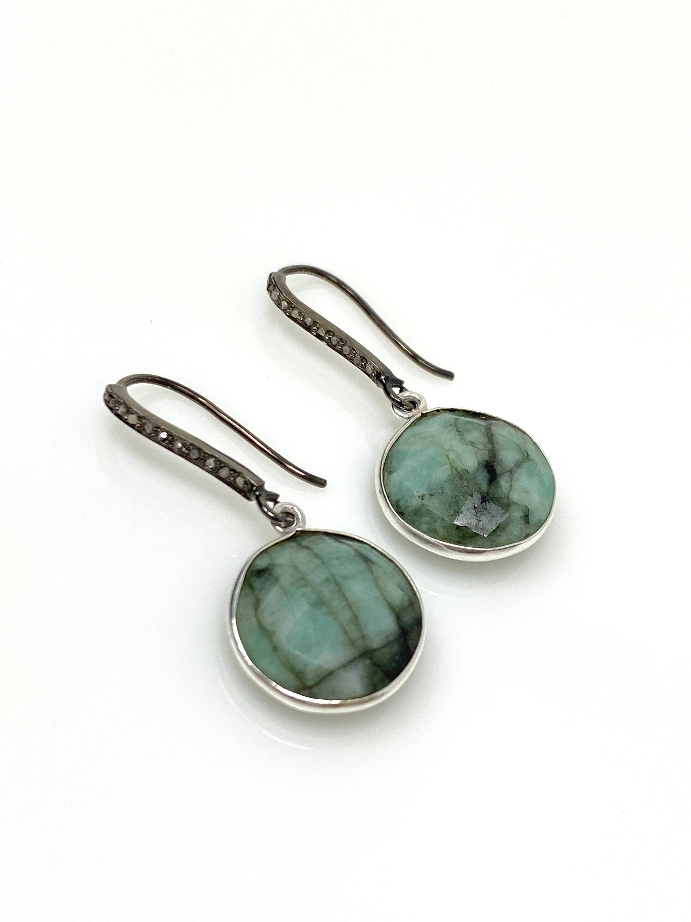 Genuine Emerald Earrings, Pave Diamond Earrings, Sterling Silver