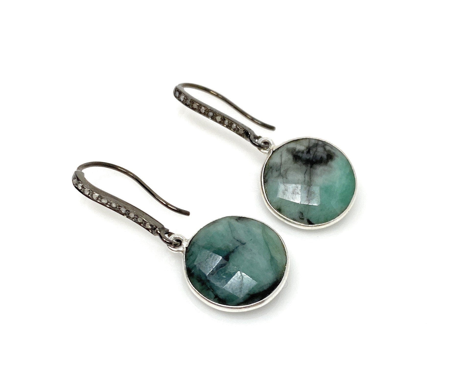 Genuine Emerald Earrings, Pave Diamond Earrings, Sterling Silver