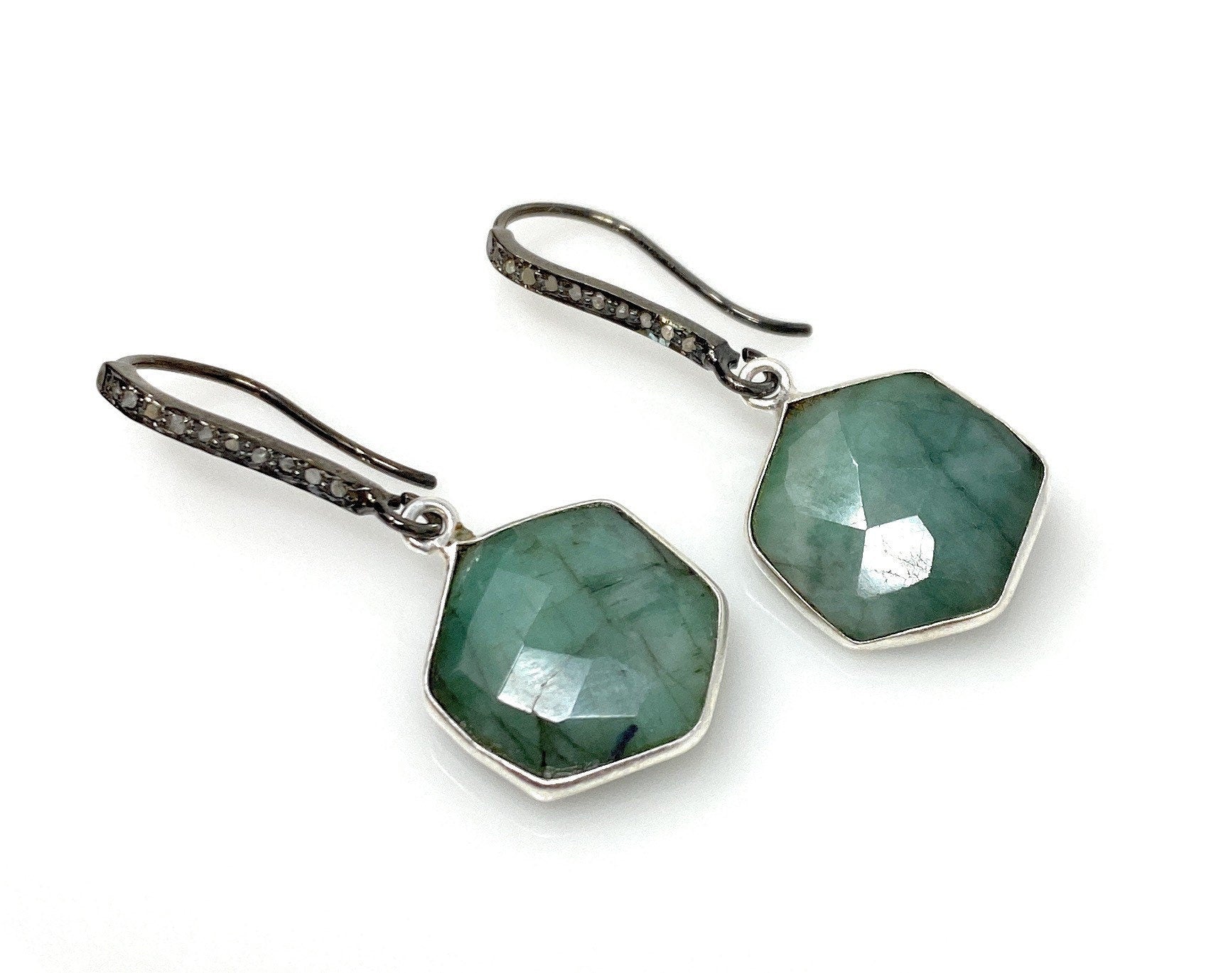 Genuine Emerald Earrings, Pave Diamond Earrings, Sterling Silver