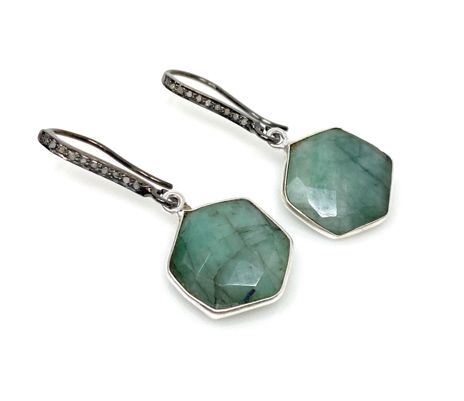 Genuine Emerald Earrings, Pave Diamond Earrings, Sterling Silver