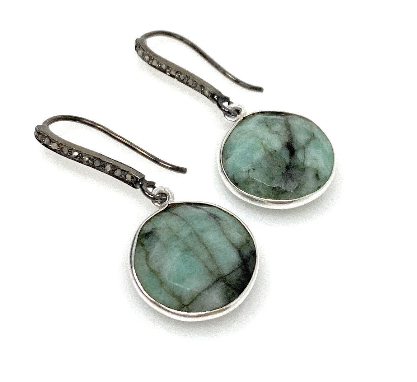 Genuine Emerald Earrings, Pave Diamond Earrings, Sterling Silver