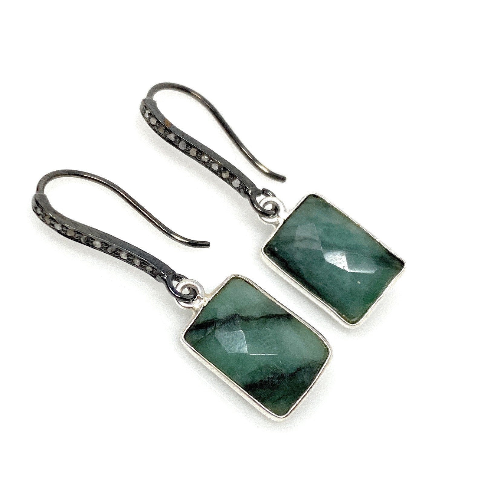 Genuine Emerald Earrings, Pave Diamond Earrings, Sterling Silver