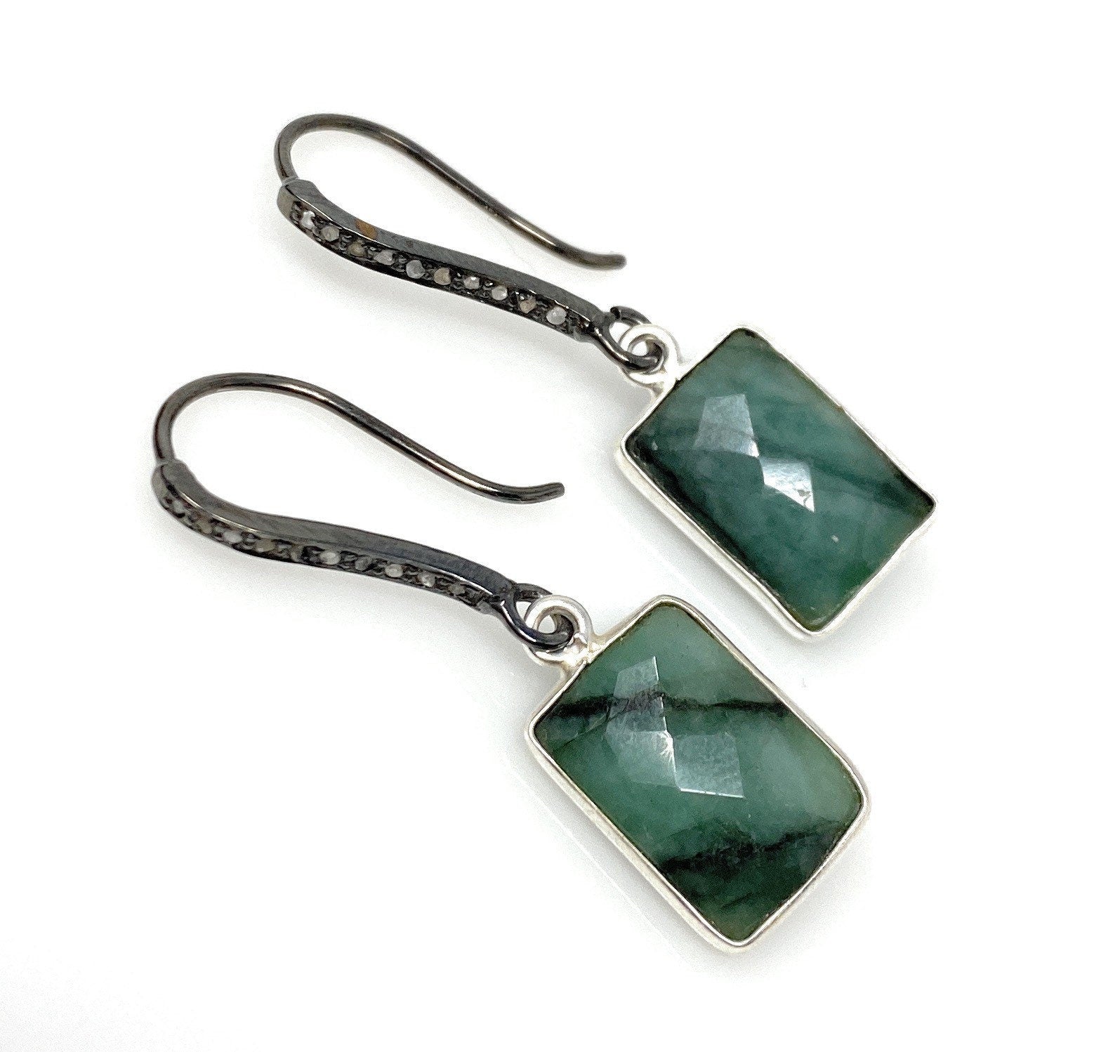 Genuine Emerald Earrings, Pave Diamond Earrings, Sterling Silver