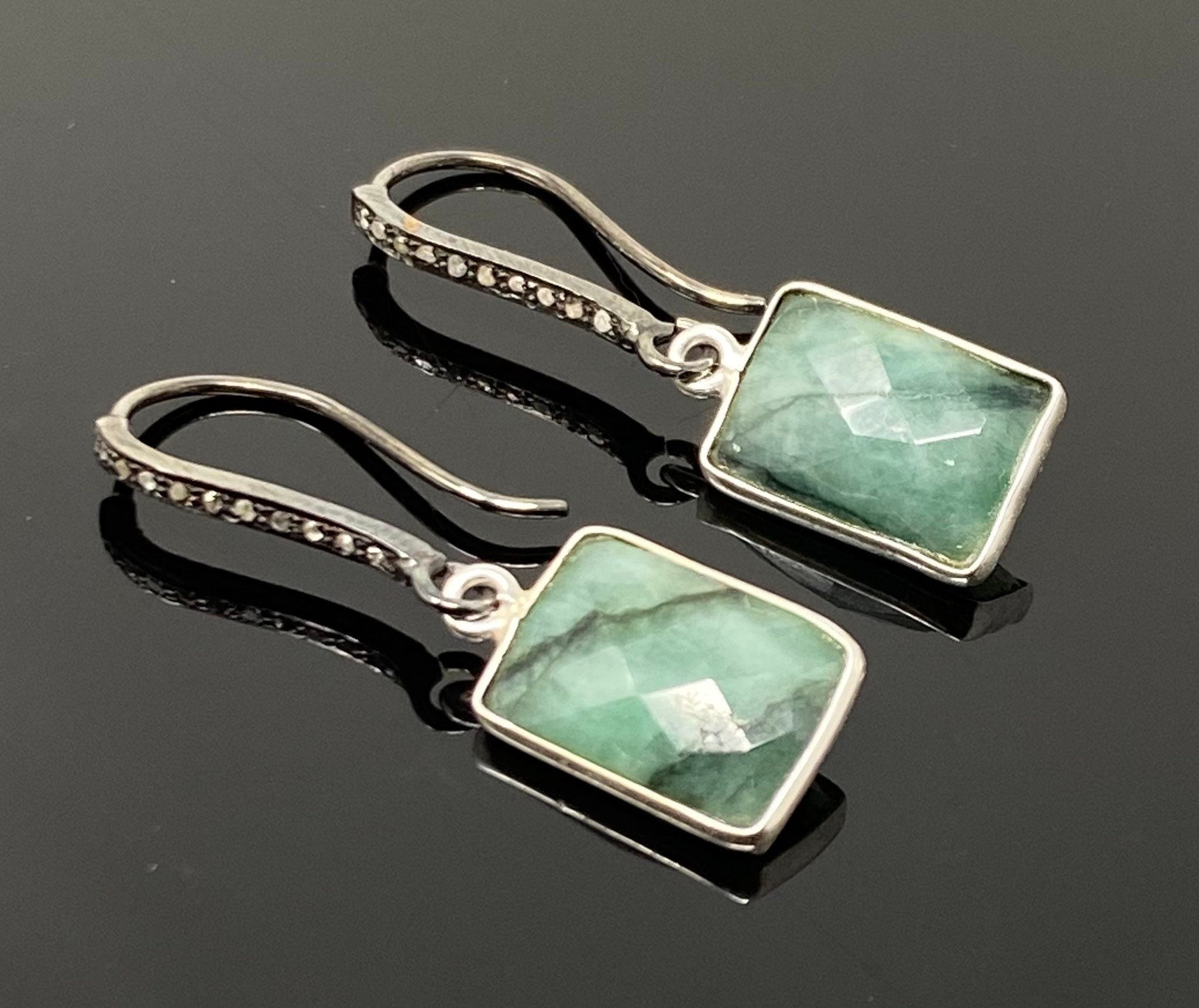 Genuine Emerald Earrings, Pave Diamond Earrings, Sterling Silver