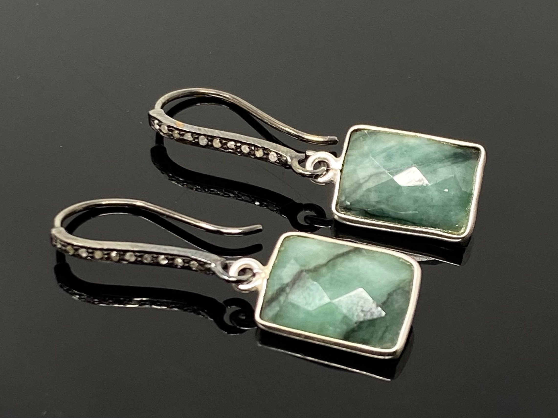 Genuine Emerald Earrings, Pave Diamond Earrings, Sterling Silver