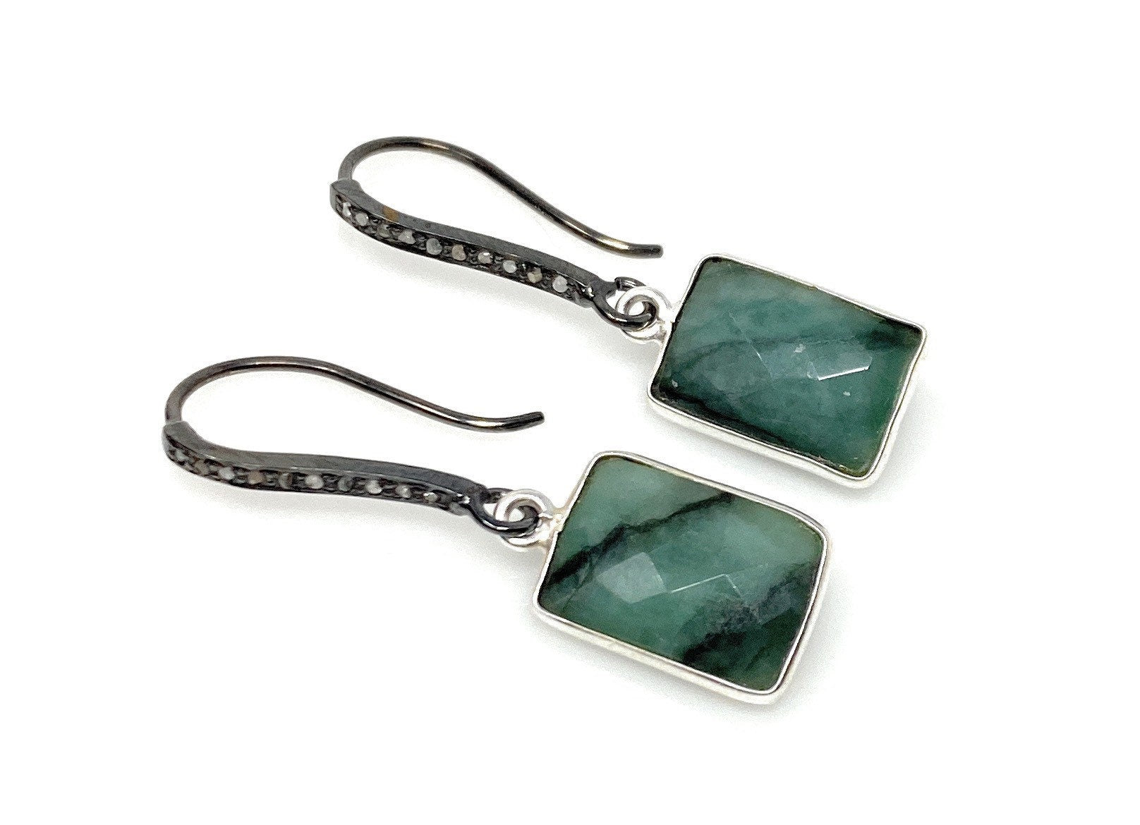 Genuine Emerald Earrings, Pave Diamond Earrings, Sterling Silver