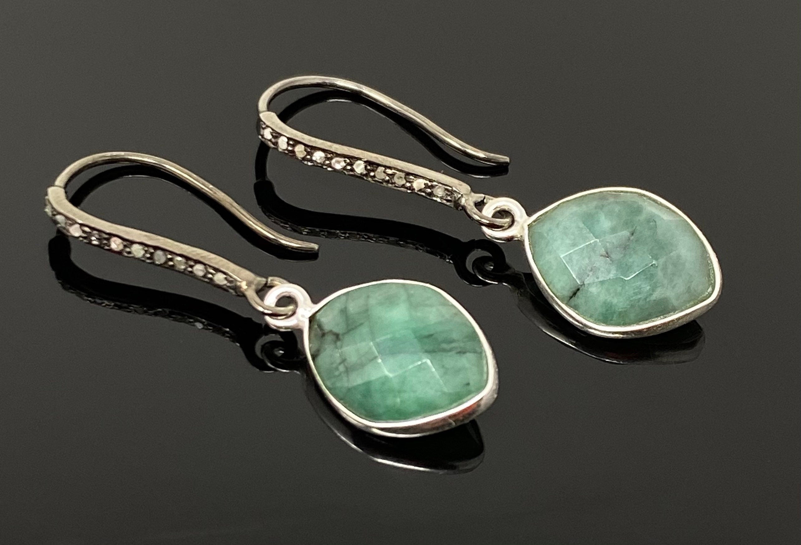 Genuine Emerald Earrings, Pave Diamond Earrings, Sterling Silver