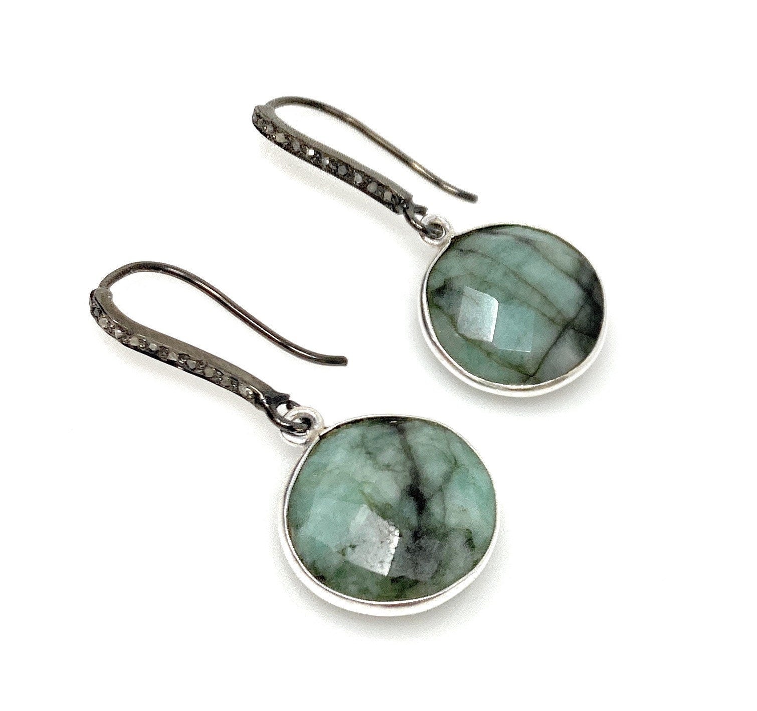 Genuine Emerald Earrings, Pave Diamond Earrings, Sterling Silver