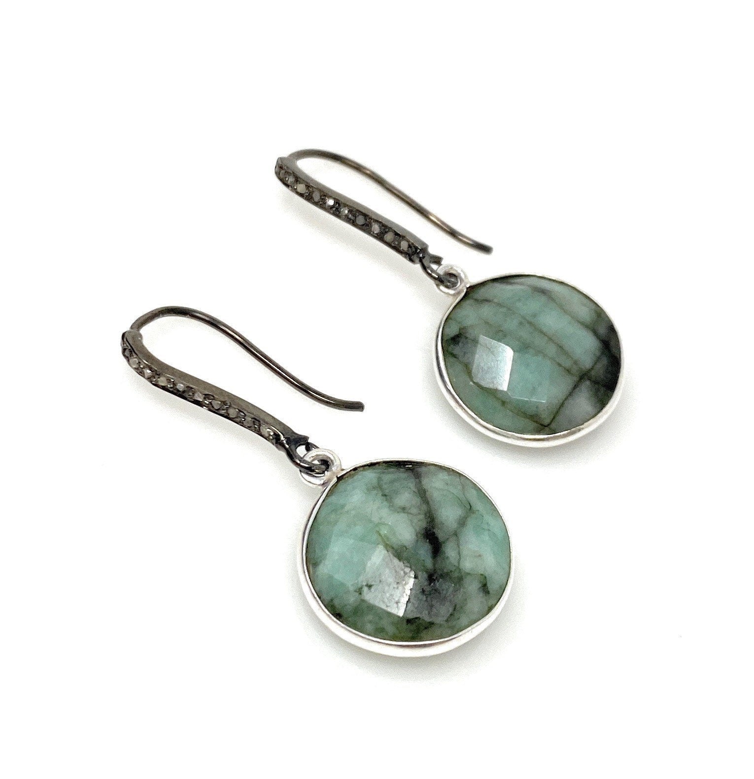 Genuine Emerald Earrings, Pave Diamond Earrings, Sterling Silver