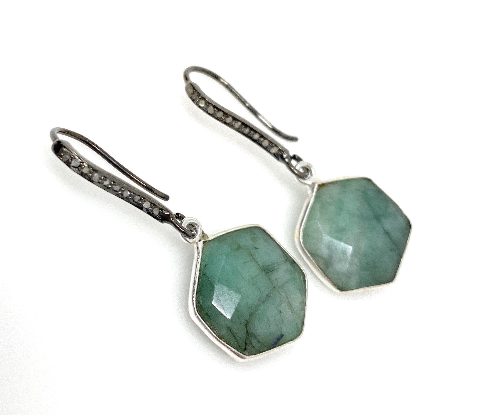 Genuine Emerald Earrings, Pave Diamond Earrings, Sterling Silver