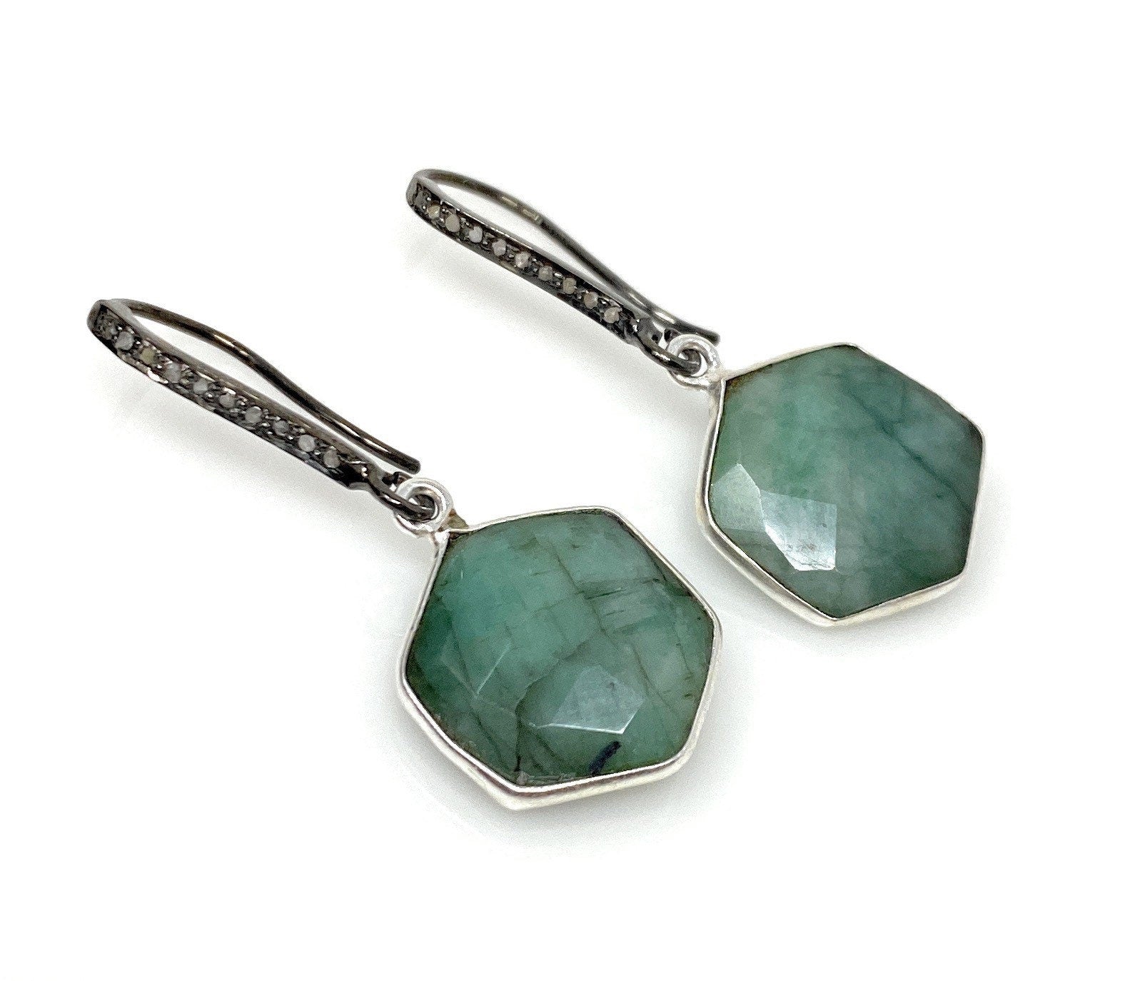 Genuine Emerald Earrings, Pave Diamond Earrings, Sterling Silver